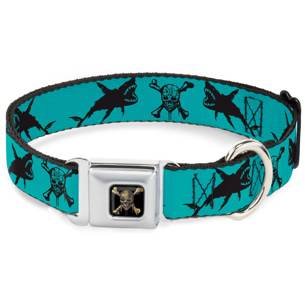 Pirates of The Caribbean Dead Men Tell No Tales Skull Icon Full Color Black Seatbelt Buckle Collar - Pirates Skull & Crossbones/Sharks Turquoise/Black Dog Collars Seatbelt Buckle Disney