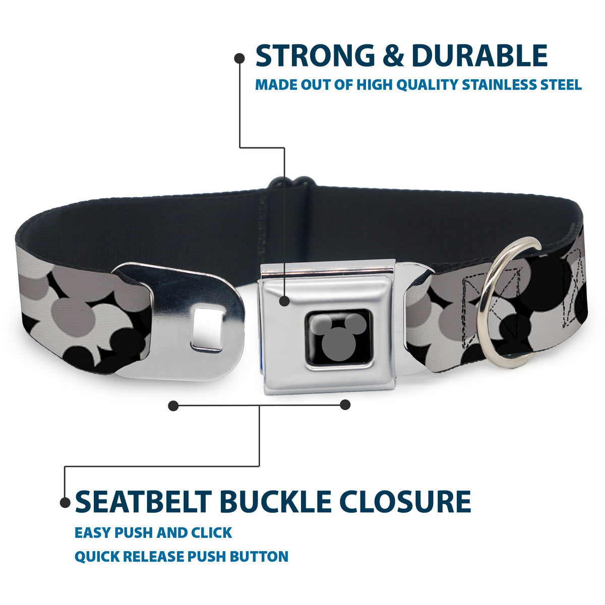 Mickey Mouse Head Silhouette Black Silver Seatbelt Buckle Collar - Mickey Mouse Head Stacked Black/Grays Dog Collars Seatbelt Buckle Disney