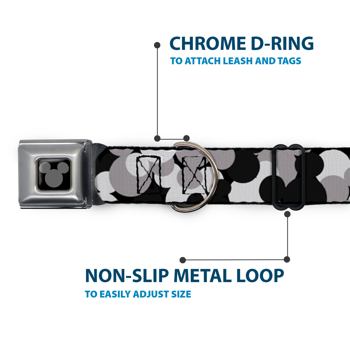 Mickey Mouse Head Silhouette Black Silver Seatbelt Buckle Collar - Mickey Mouse Head Stacked Black/Grays Dog Collars Seatbelt Buckle Disney