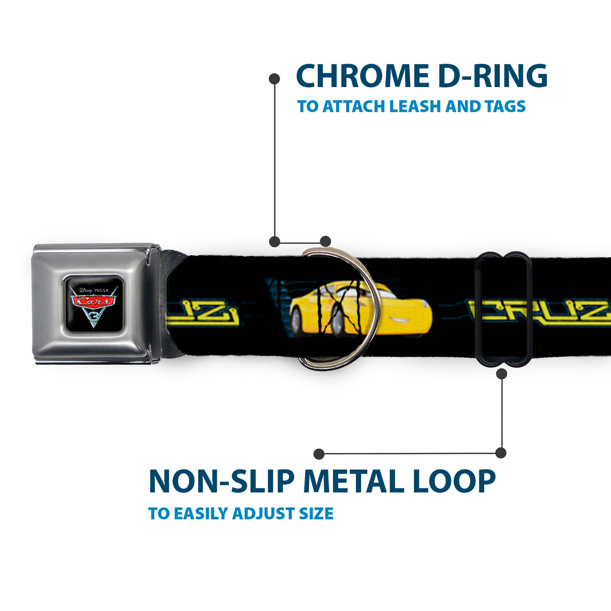 CARS 3 Emblem Full Color Black Silver Red Seatbelt Buckle Collar - Cars 3 CRUZ Car Profile Black/Blue/Yellow Dog Collars Seatbelt Buckle Disney