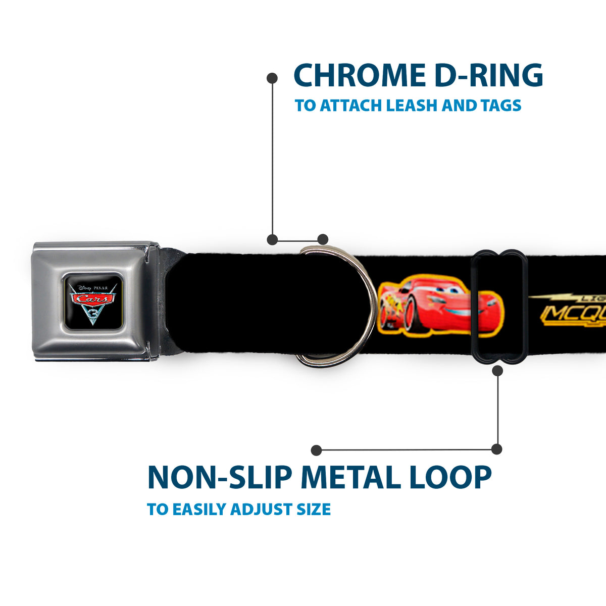 CARS 3 Emblem Full Color Black Silver Red Seatbelt Buckle Collar - Cars 3 LIGHTNING MCQUEEN Pose/Bolt Black/Yellows Dog Collars Seatbelt Buckle Disney