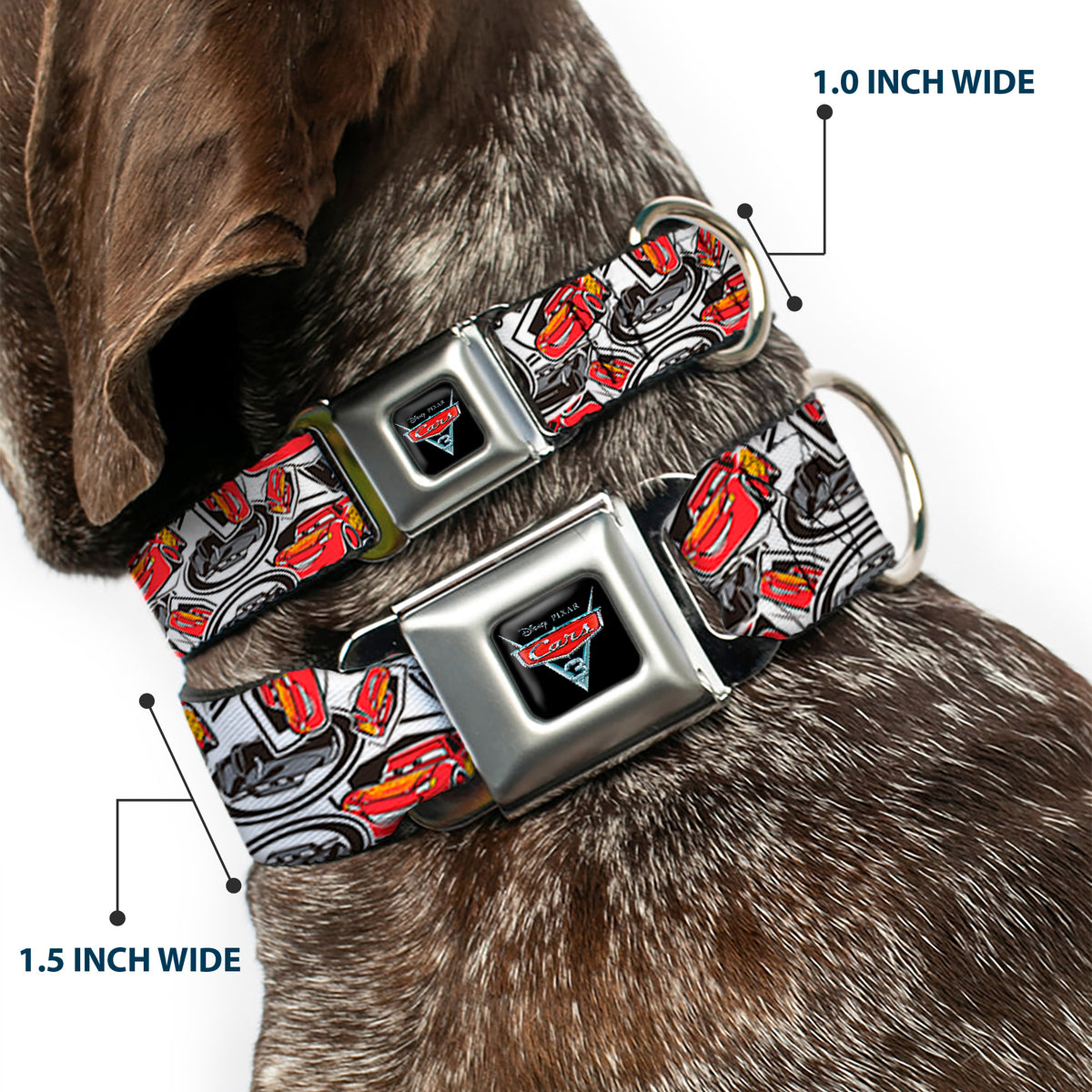 CARS 3 Emblem Full Color Black Silver Red Seatbelt Buckle Collar - Cars 3 Lightning McQueen/Storm Jackson Poses Scattered White Dog Collars Seatbelt Buckle Disney