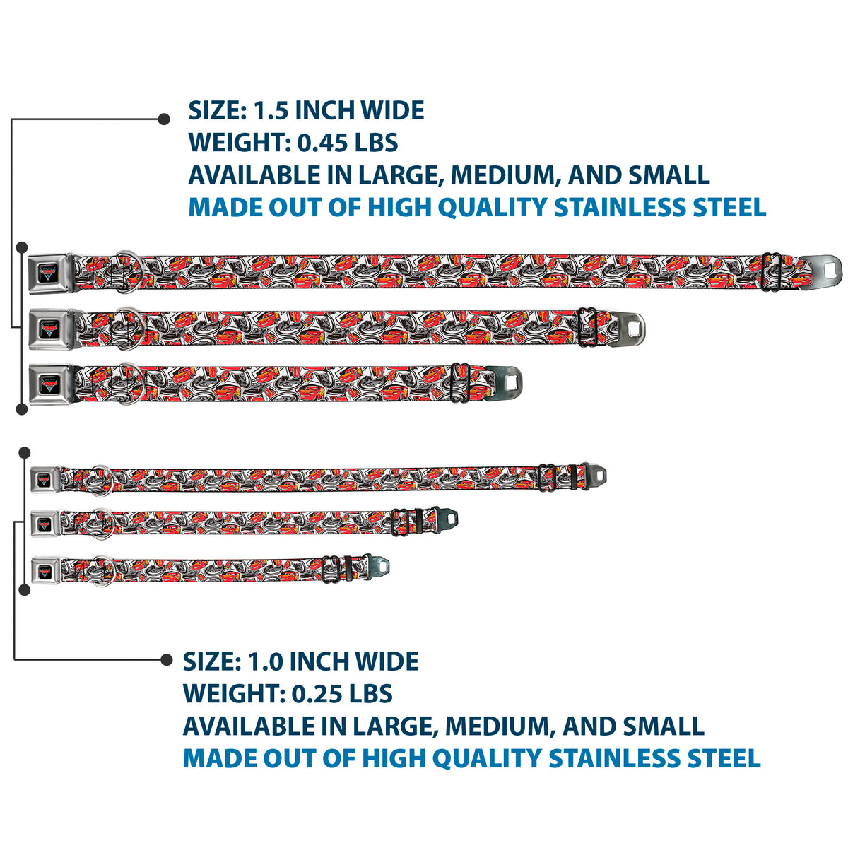 CARS 3 Emblem Full Color Black Silver Red Seatbelt Buckle Collar - Cars 3 Lightning McQueen/Storm Jackson Poses Scattered White Dog Collars Seatbelt Buckle Disney
