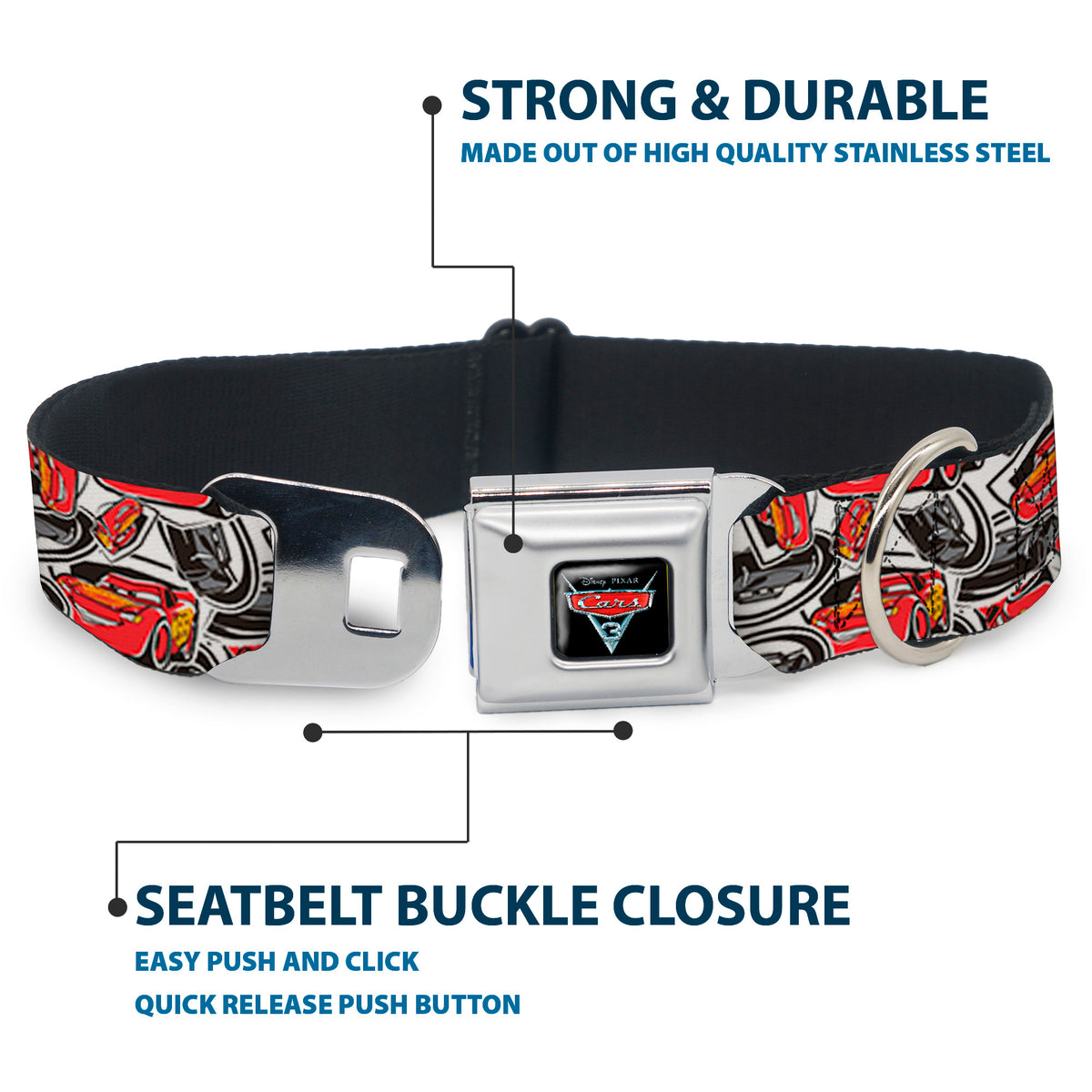 CARS 3 Emblem Full Color Black Silver Red Seatbelt Buckle Collar - Cars 3 Lightning McQueen/Storm Jackson Poses Scattered White Dog Collars Seatbelt Buckle Disney
