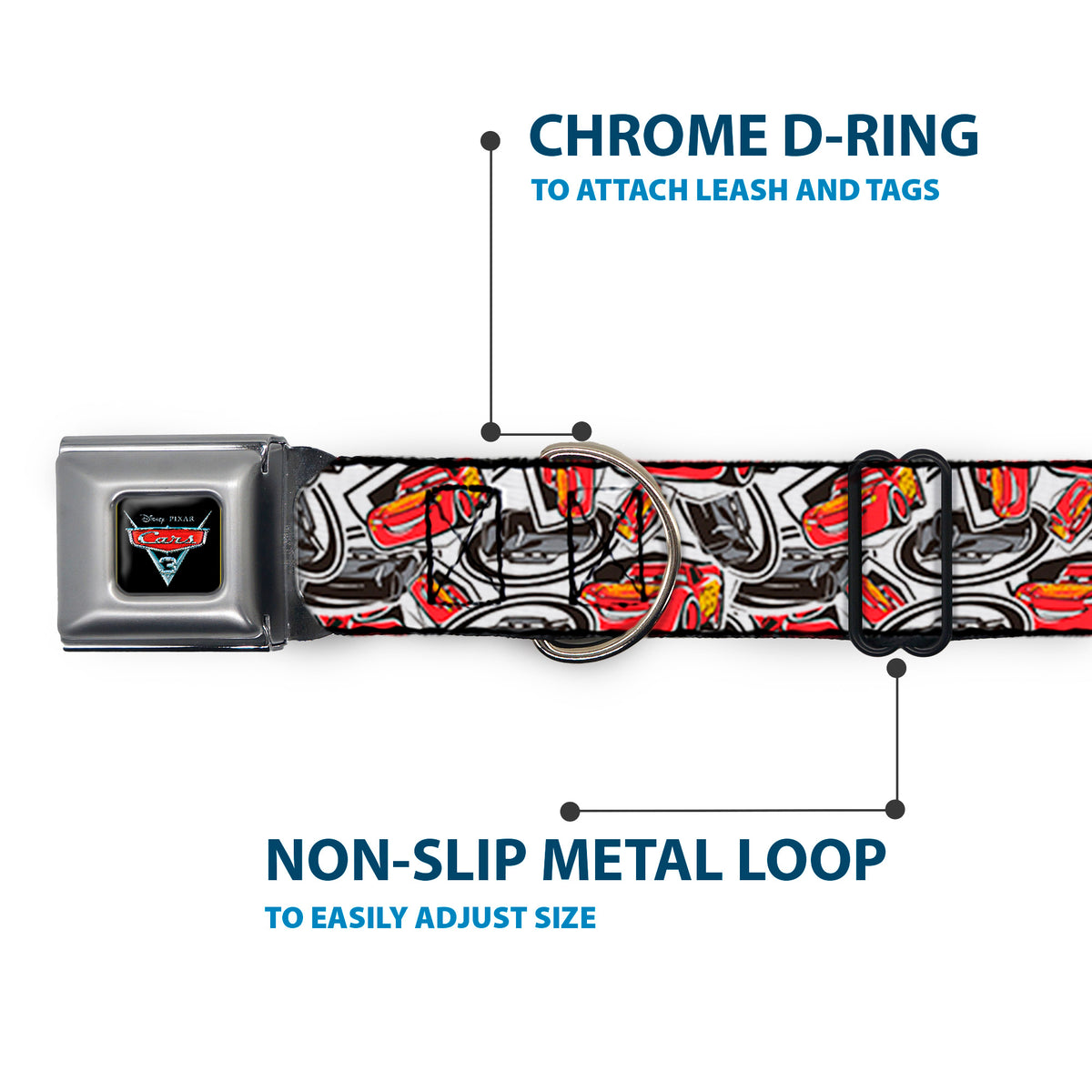 CARS 3 Emblem Full Color Black Silver Red Seatbelt Buckle Collar - Cars 3 Lightning McQueen/Storm Jackson Poses Scattered White Dog Collars Seatbelt Buckle Disney