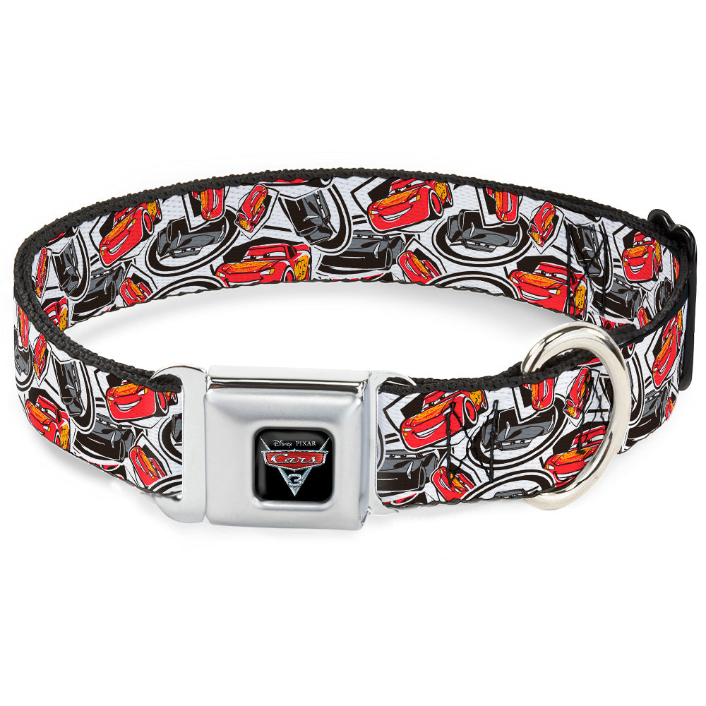 CARS 3 Emblem Full Color Black Silver Red Seatbelt Buckle Collar - Cars 3 Lightning McQueen/Storm Jackson Poses Scattered White Dog Collars Seatbelt Buckle Disney