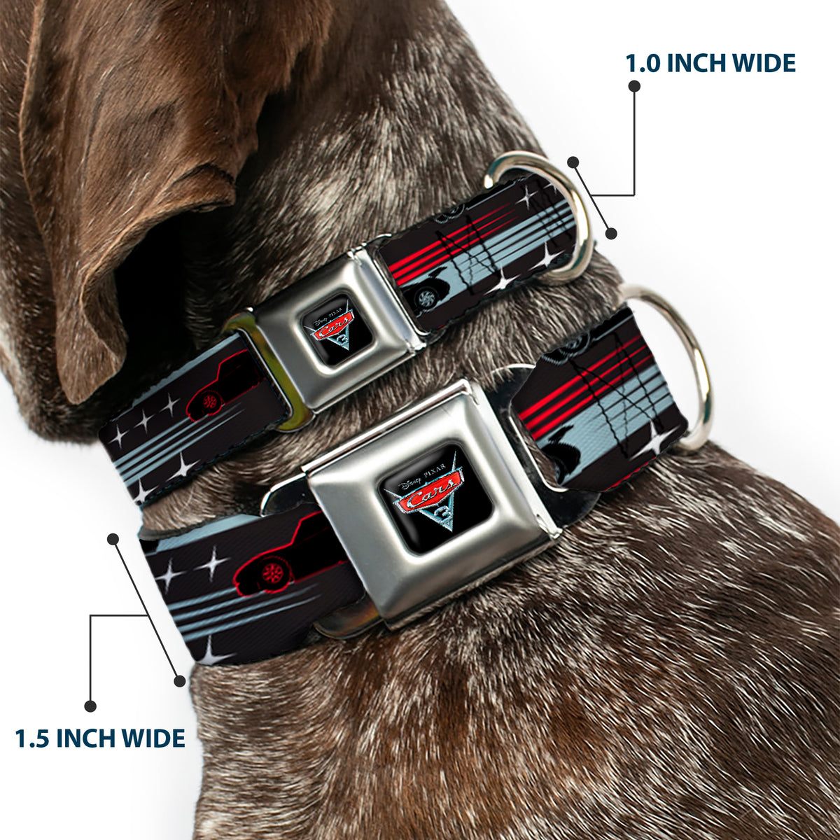CARS 3 Emblem Full Color Black Silver Red Seatbelt Buckle Collar - Cars 3 Cars Stripes/Stars Grays/Blues/Reds Dog Collars Seatbelt Buckle Disney