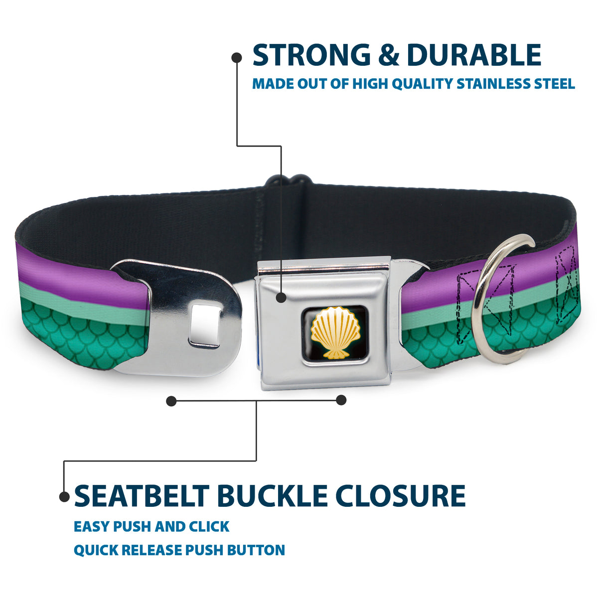 Little Mermaid Clam Shell Black Yellows Seatbelt Buckle Collar - Little Mermaid Stripe/Shell Purple/Green/Gold Dog Collars Seatbelt Buckle Disney