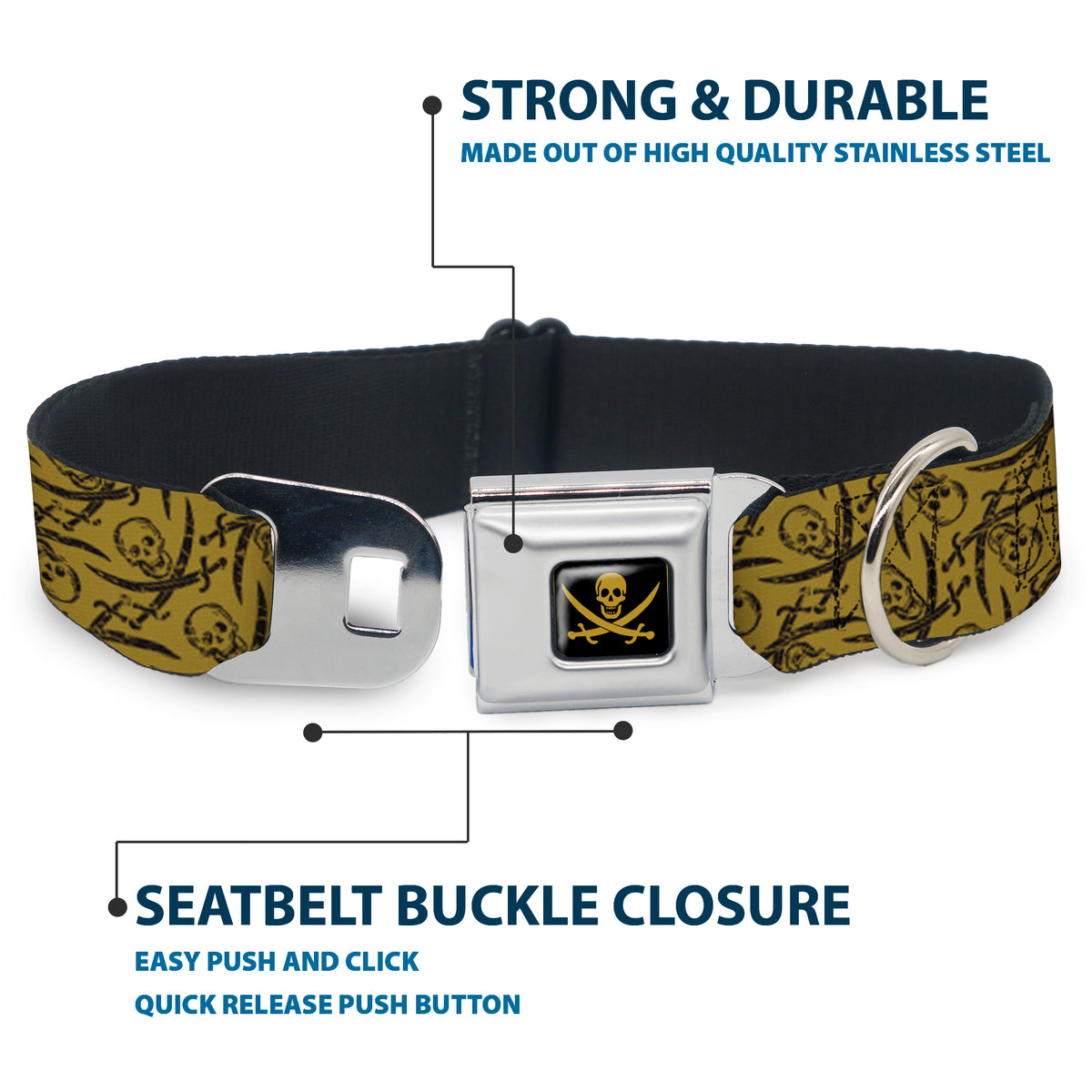 Skull & Crossed Swords Black Tan Seatbelt Buckle Collar - Pirates Skull & Crossed Swords Scattered Weathered Tan/Black Dog Collars Seatbelt Buckle Disney