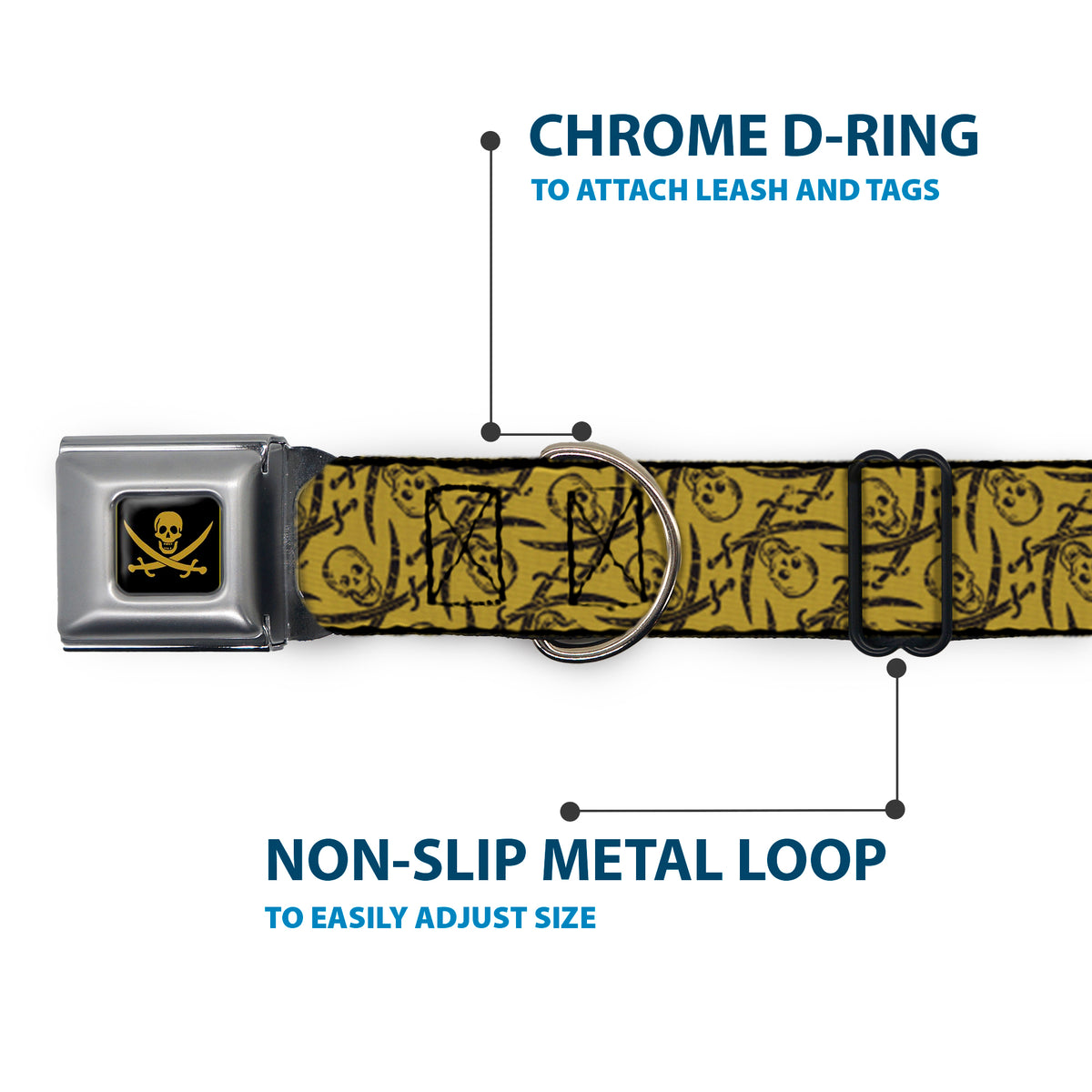 Skull & Crossed Swords Black Tan Seatbelt Buckle Collar - Pirates Skull & Crossed Swords Scattered Weathered Tan/Black Dog Collars Seatbelt Buckle Disney