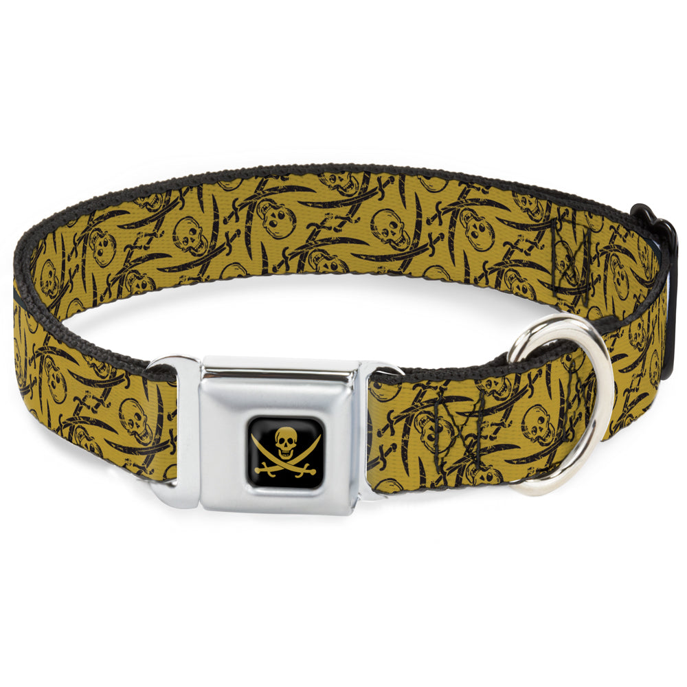 Skull & Crossed Swords Black Tan Seatbelt Buckle Collar - Pirates Skull & Crossed Swords Scattered Weathered Tan/Black Dog Collars Seatbelt Buckle Disney