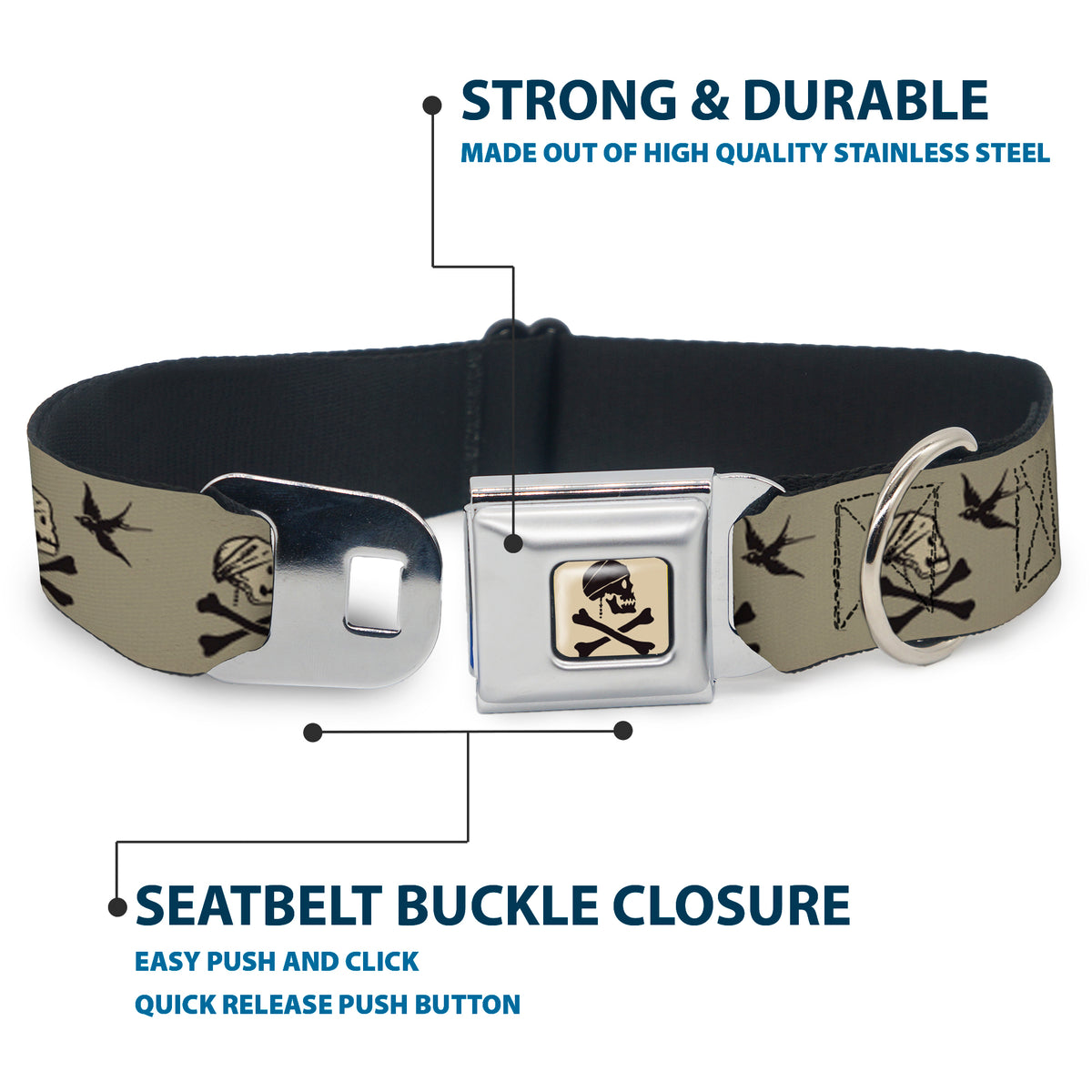 Jack Sparrow's Flag Skull Icon Gray Charcoal Seatbelt Buckle Collar - Jack Sparrow's Flag Icons Grays Dog Collars Seatbelt Buckle Disney