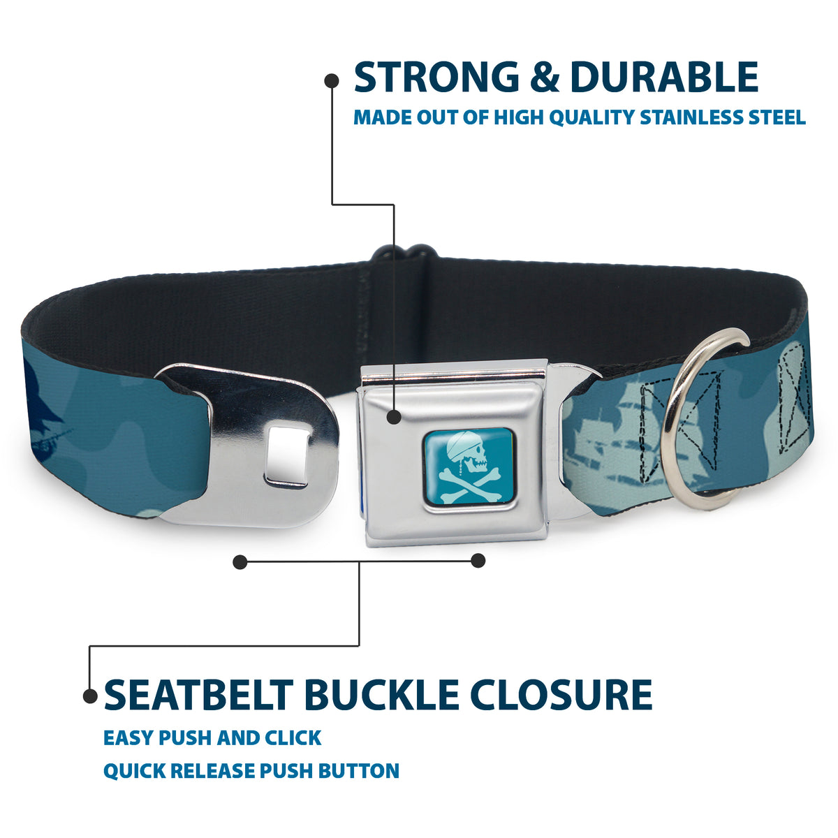 Jack Sparrow's Flag Skull Icon Blues Seatbelt Buckle Collar - Jack Sparrow's Flag Icons/Black Pearl/Sharks Blues Dog Collars Seatbelt Buckle Disney