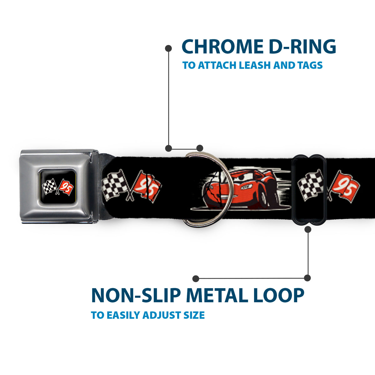 Cars 3 Race Flags Full Color Black White Red Seatbelt Buckle Collar - Cars 3 Lightning McQueen Caricature/Race Flags Black/White/Red Dog Collars Seatbelt Buckle Disney