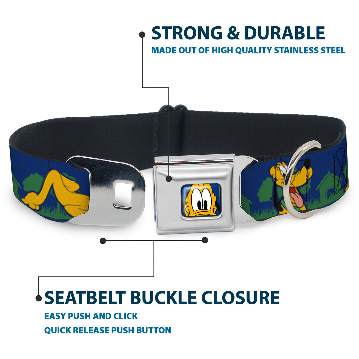 Pluto Face CLOSE-UP Blue Seatbelt Buckle Collar - Pluto 4-Poses/Landscape Blue/Green Dog Collars Seatbelt Buckle Disney