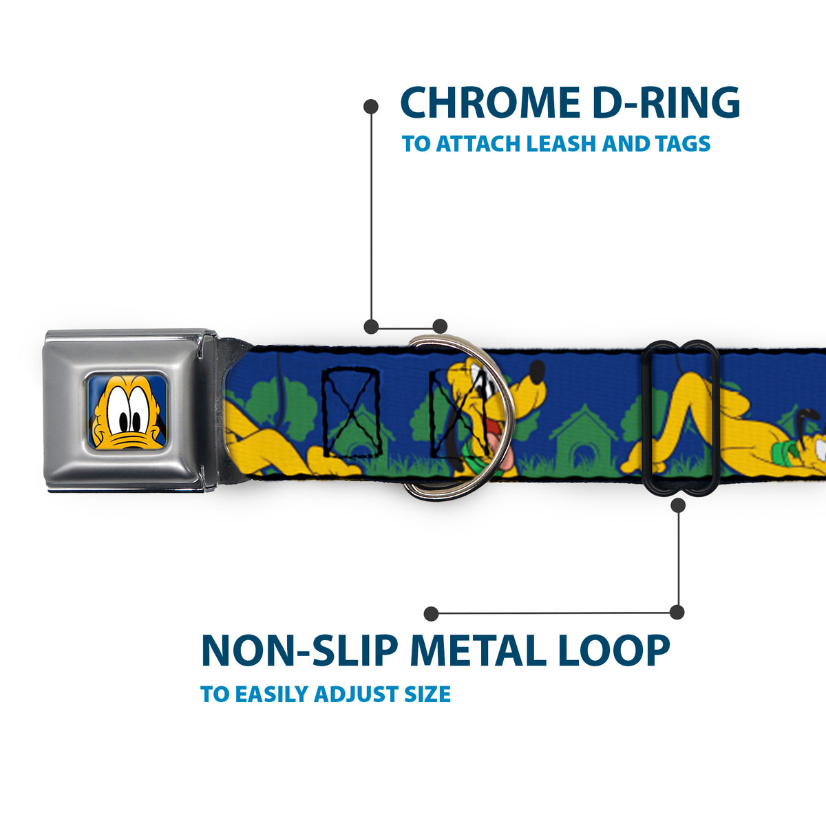 Pluto Face CLOSE-UP Blue Seatbelt Buckle Collar - Pluto 4-Poses/Landscape Blue/Green Dog Collars Seatbelt Buckle Disney