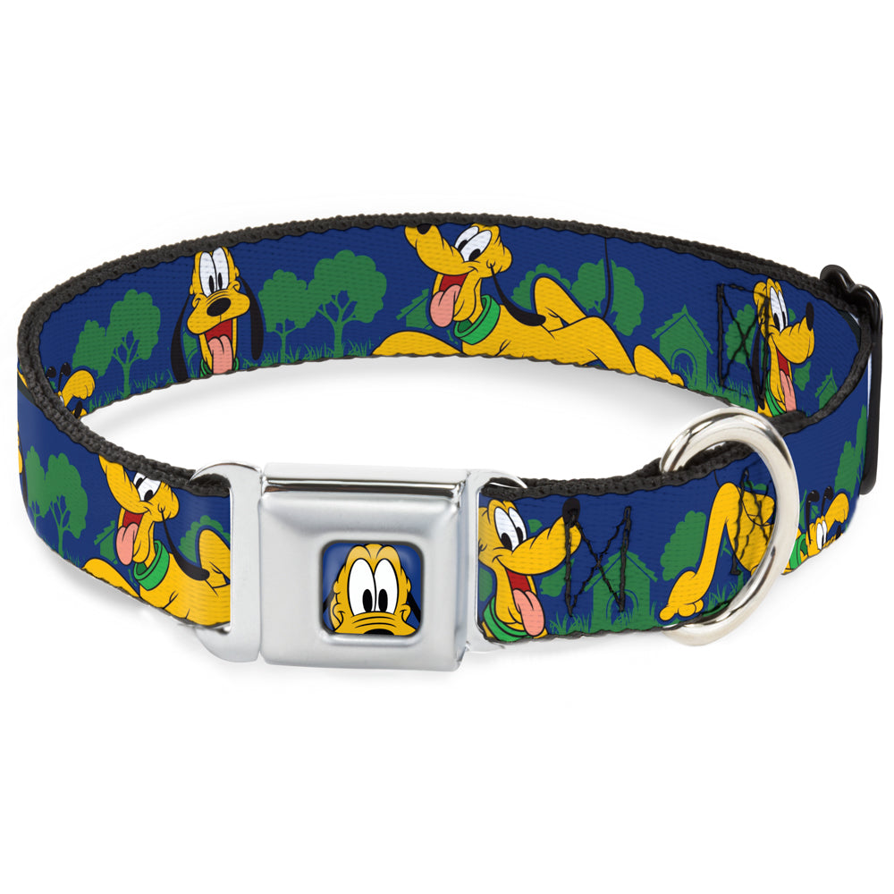 Pluto Face CLOSE-UP Blue Seatbelt Buckle Collar - Pluto 4-Poses/Landscape Blue/Green Dog Collars Seatbelt Buckle Disney