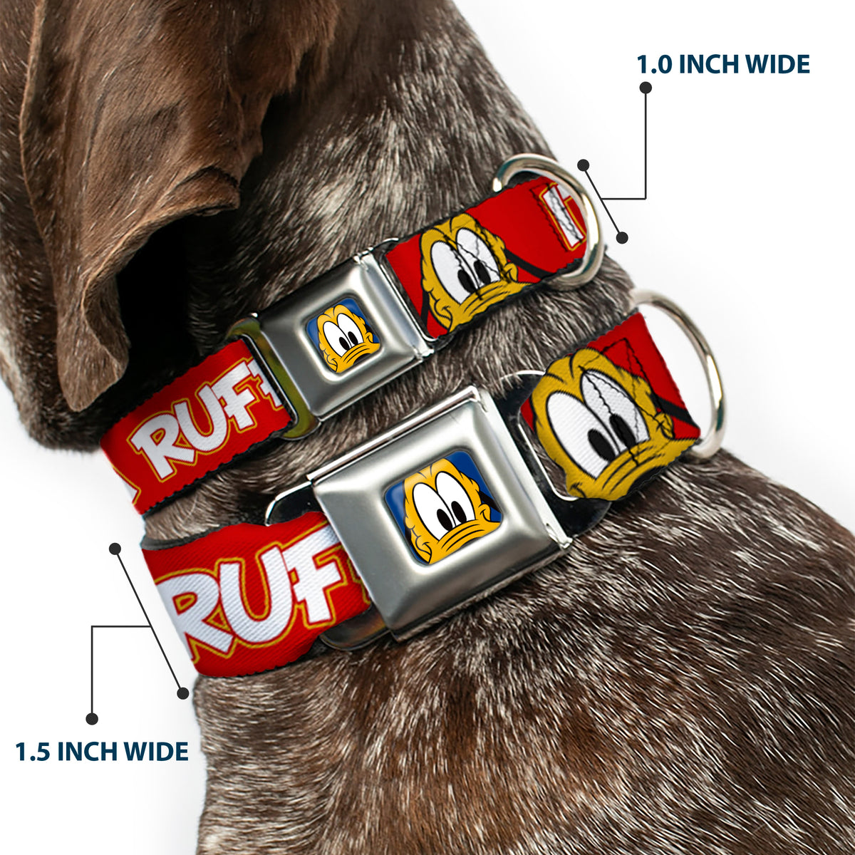 Pluto Face CLOSE-UP Full Color Blue Seatbelt Buckle Collar - Pluto 2-Pose IT'S A RUFF LIFE Red/Yellow/White Dog Collars Seatbelt Buckle Disney