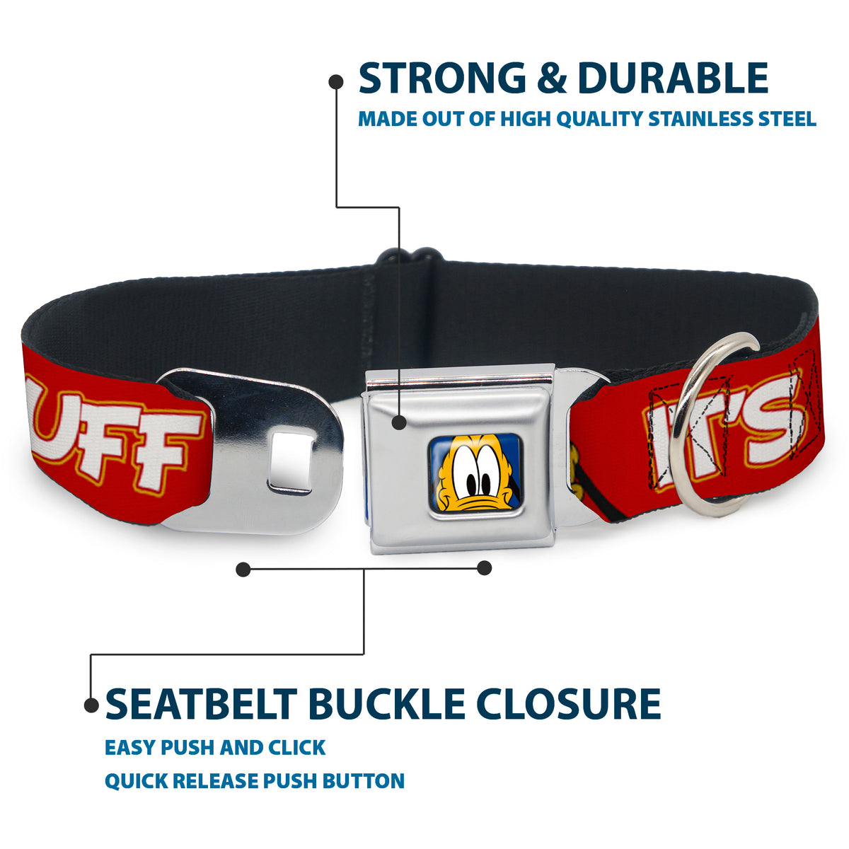 Pluto Face CLOSE-UP Full Color Blue Seatbelt Buckle Collar - Pluto 2-Pose IT'S A RUFF LIFE Red/Yellow/White Dog Collars Seatbelt Buckle Disney