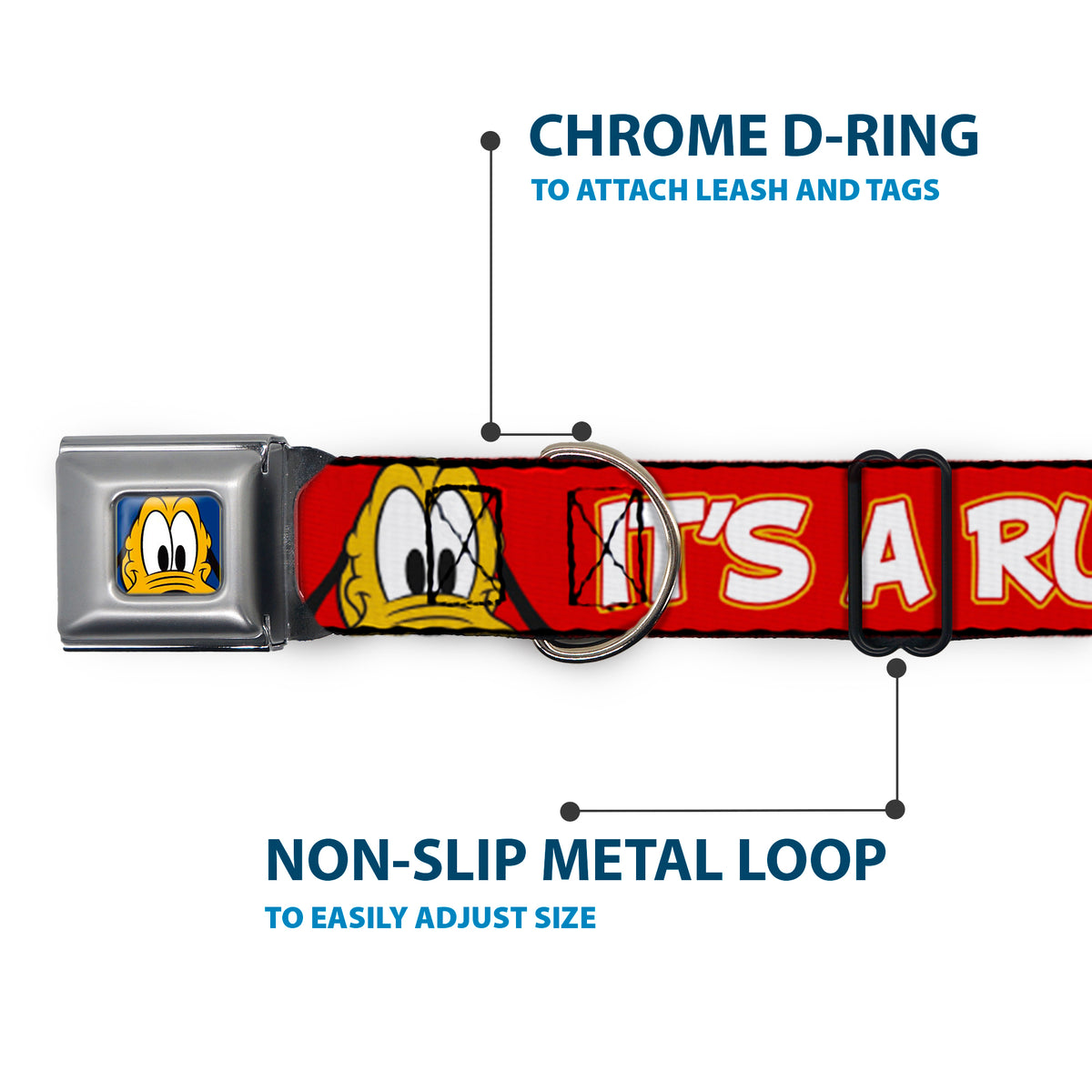 Pluto Face CLOSE-UP Full Color Blue Seatbelt Buckle Collar - Pluto 2-Pose IT'S A RUFF LIFE Red/Yellow/White Dog Collars Seatbelt Buckle Disney