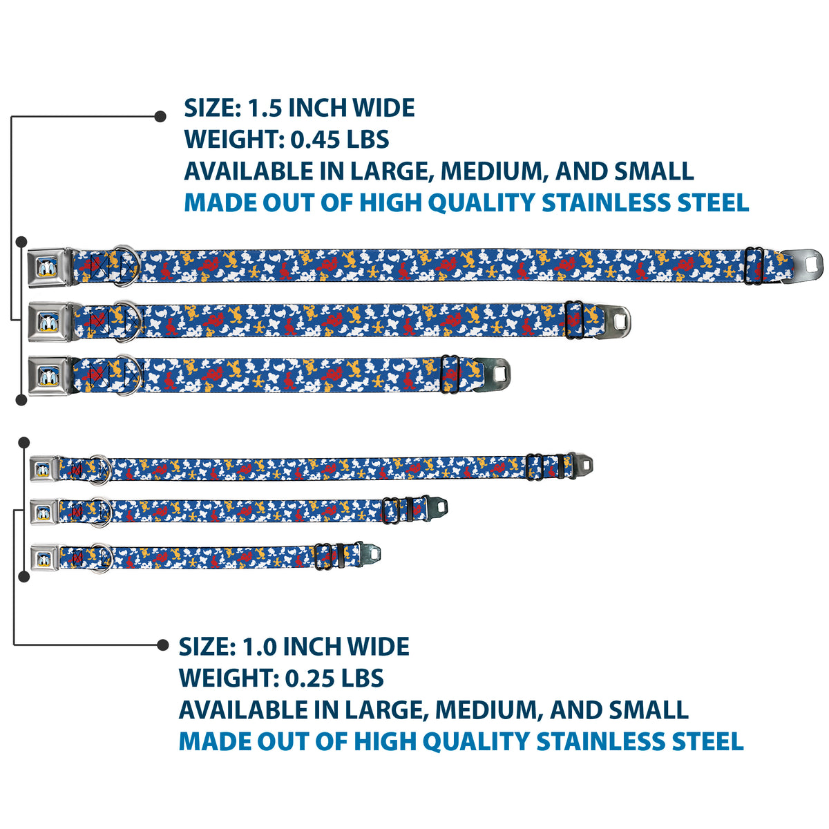 Donald Duck Face CLOSE-UP Full Color Seatbelt Buckle Collar - Donald Duck Face/Poses Scattered Blue/White/Red/Yellow Dog Collars Seatbelt Buckle Disney