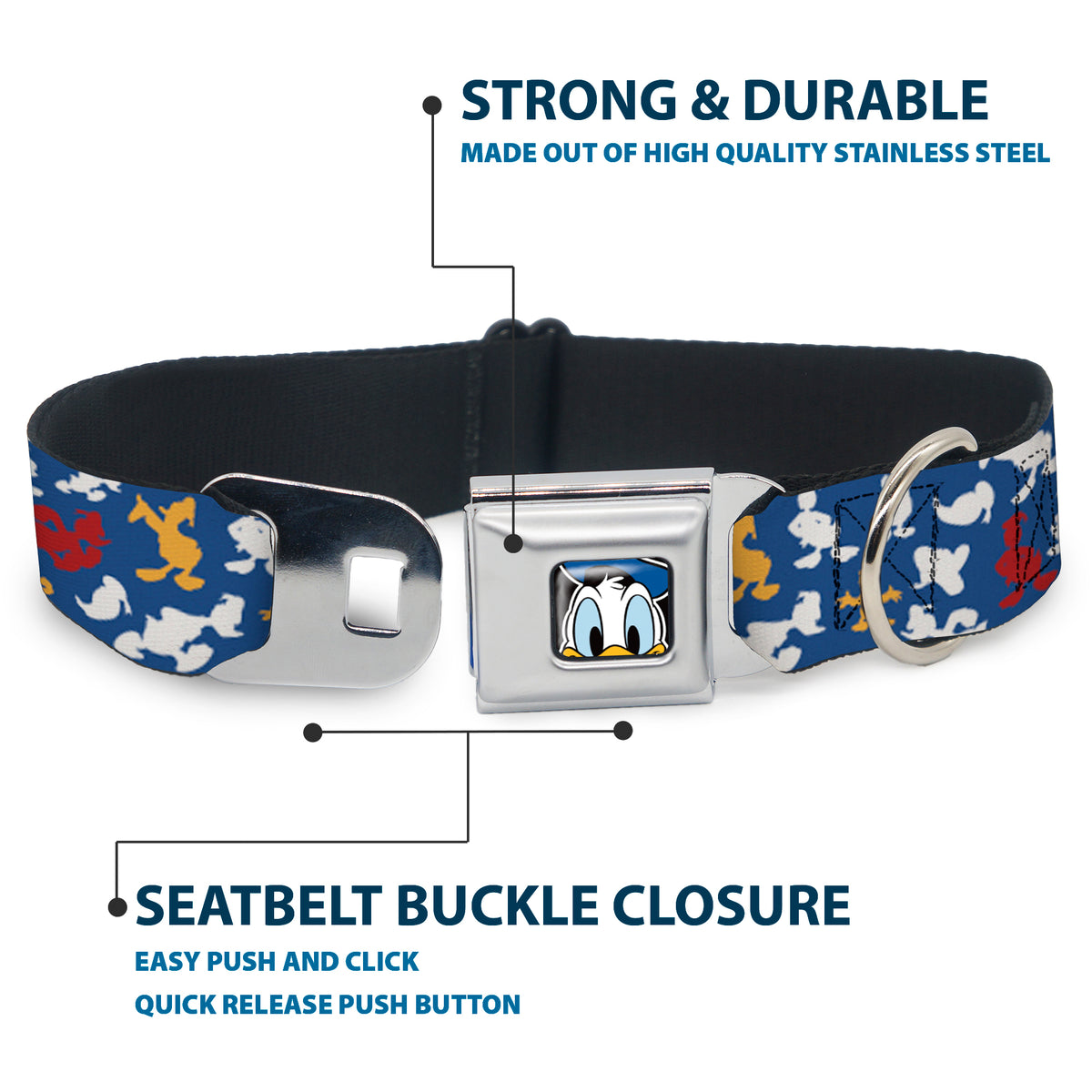 Donald Duck Face CLOSE-UP Full Color Seatbelt Buckle Collar - Donald Duck Face/Poses Scattered Blue/White/Red/Yellow Dog Collars Seatbelt Buckle Disney
