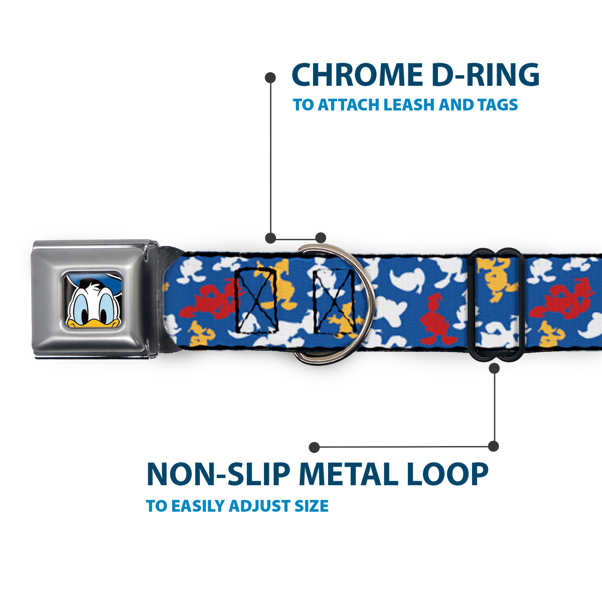 Donald Duck Face CLOSE-UP Full Color Seatbelt Buckle Collar - Donald Duck Face/Poses Scattered Blue/White/Red/Yellow Dog Collars Seatbelt Buckle Disney