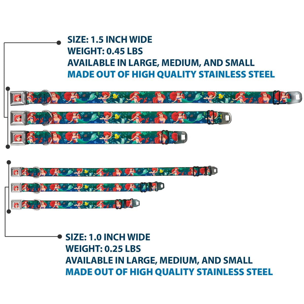 Ariel CLOSE-UP Full Color Seatbelt Buckle Collar - Ariel Poses w/Flounder Green/Blue Fade Dog Collars Seatbelt Buckle Disney
