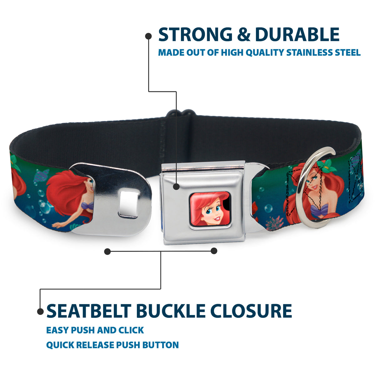Ariel CLOSE-UP Full Color Seatbelt Buckle Collar - Ariel Poses w/Flounder Green/Blue Fade Dog Collars Seatbelt Buckle Disney