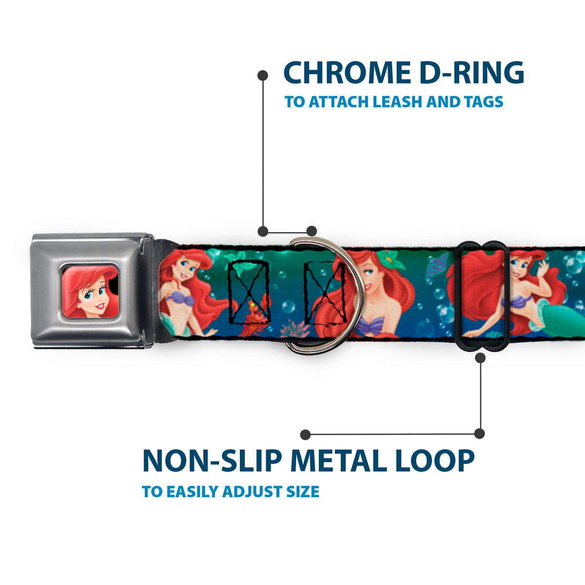 Ariel CLOSE-UP Full Color Seatbelt Buckle Collar - Ariel Poses w/Flounder Green/Blue Fade Dog Collars Seatbelt Buckle Disney