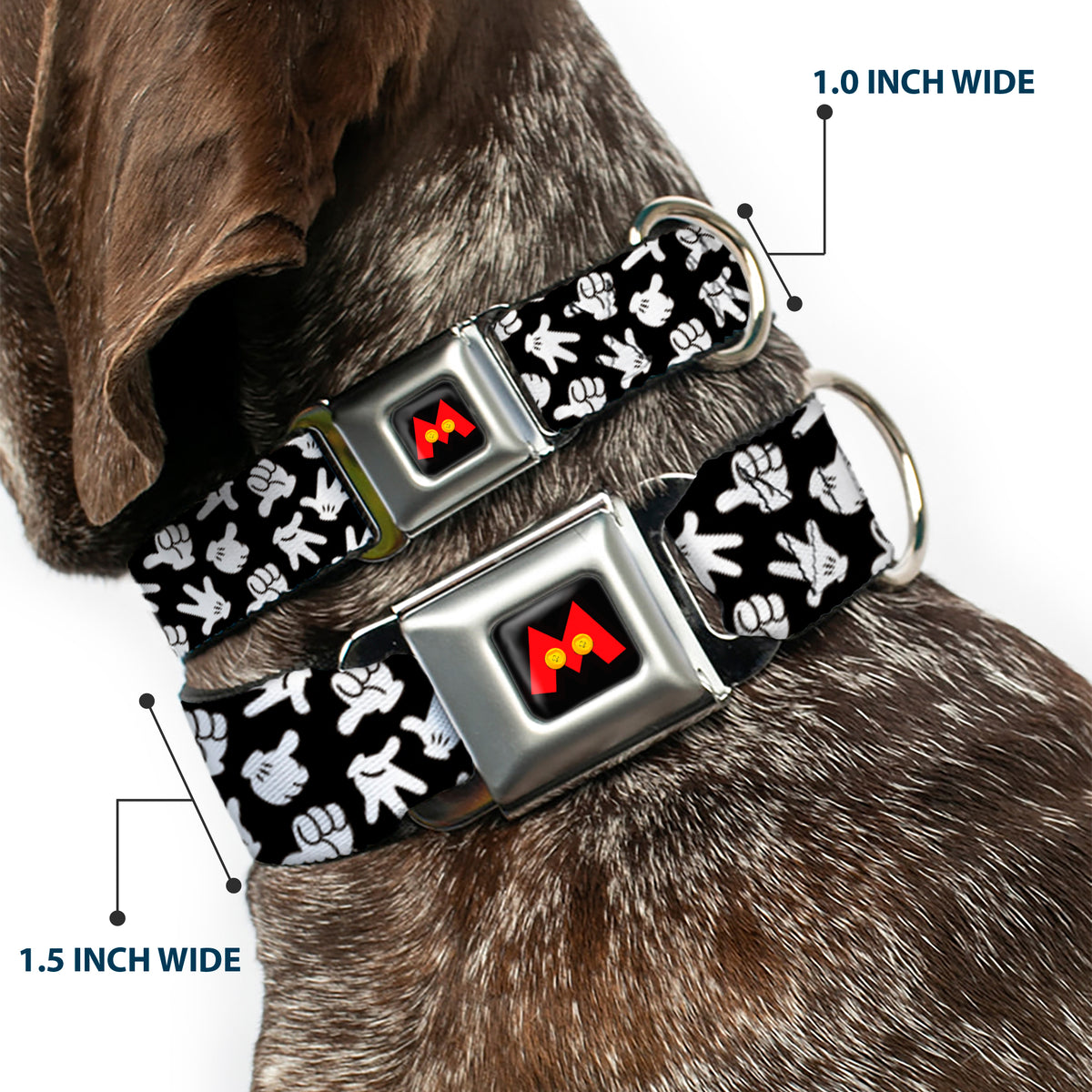 Mickey Mouse M Icon Full Color Black/Red/Yellow Seatbelt Buckle Collar - Mickey Mouse Hand Gestures2 Scattered Black/White Dog Collars Seatbelt Buckle Disney