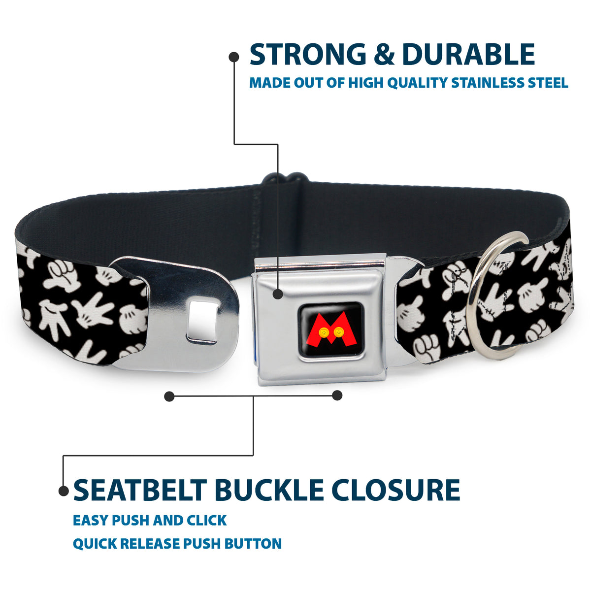 Mickey Mouse M Icon Full Color Black/Red/Yellow Seatbelt Buckle Collar - Mickey Mouse Hand Gestures2 Scattered Black/White Dog Collars Seatbelt Buckle Disney