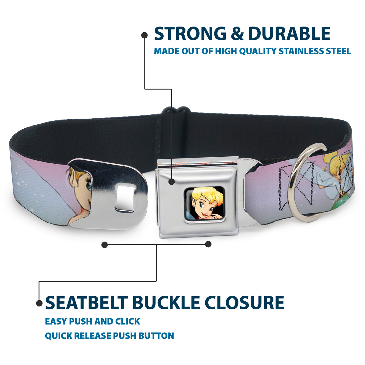 Tinker Bell CLOSE-UP Full Color Seatbelt Buckle Collar - Tinker Bell Poses Purple/Pink Fade Dog Collars Seatbelt Buckle Disney
