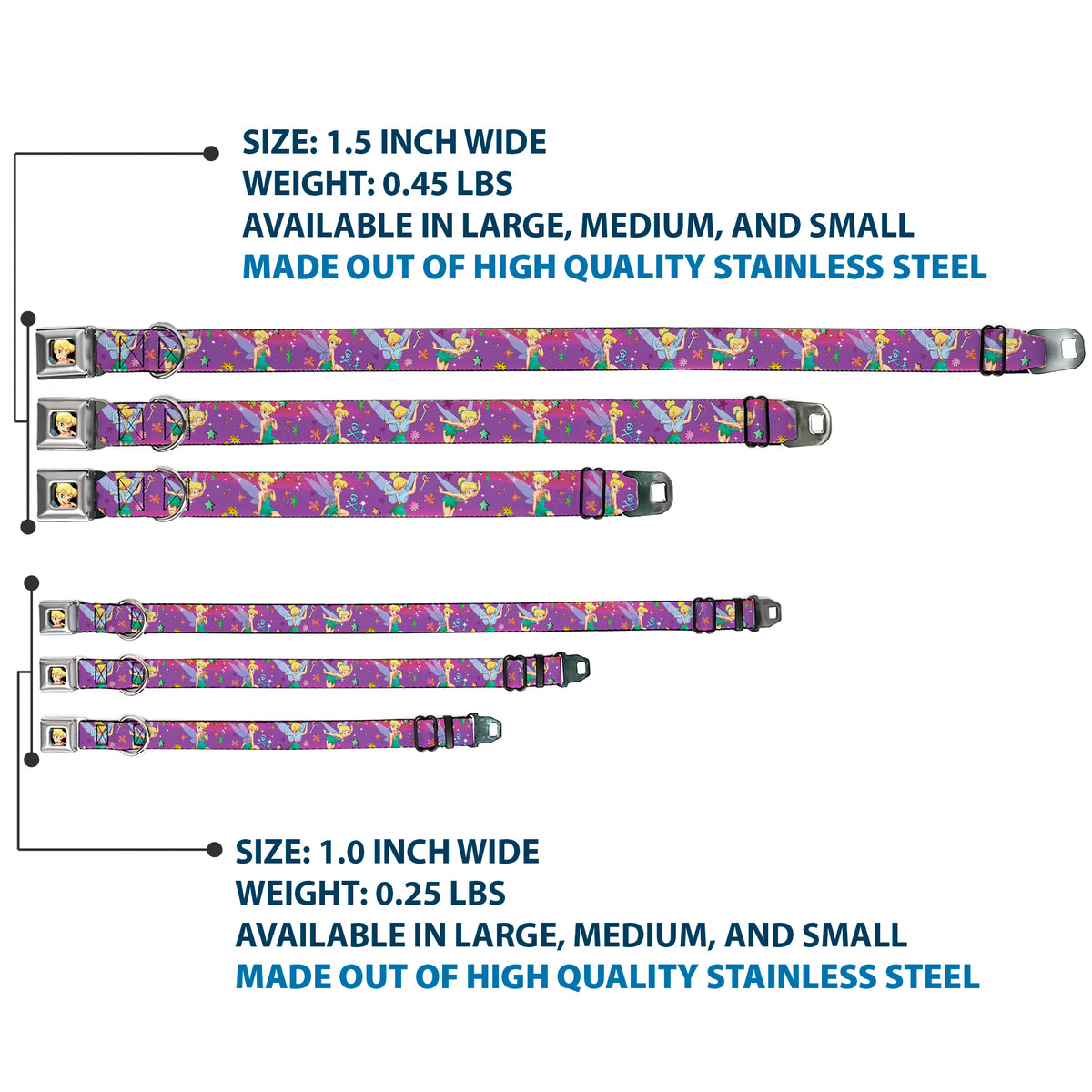 Tinker Bell CLOSE-UP Full Color Seatbelt Buckle Collar - Tinker Bell Poses/Flowers/Stars/Skull Purple Dog Collars Seatbelt Buckle Disney