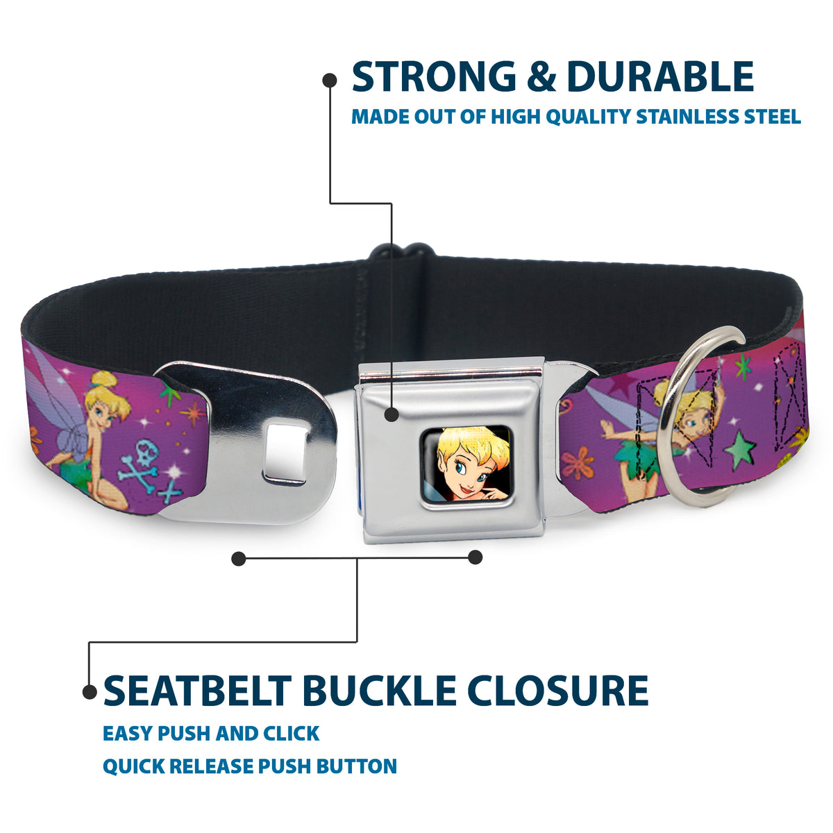 Tinker Bell CLOSE-UP Full Color Seatbelt Buckle Collar - Tinker Bell Poses/Flowers/Stars/Skull Purple Dog Collars Seatbelt Buckle Disney