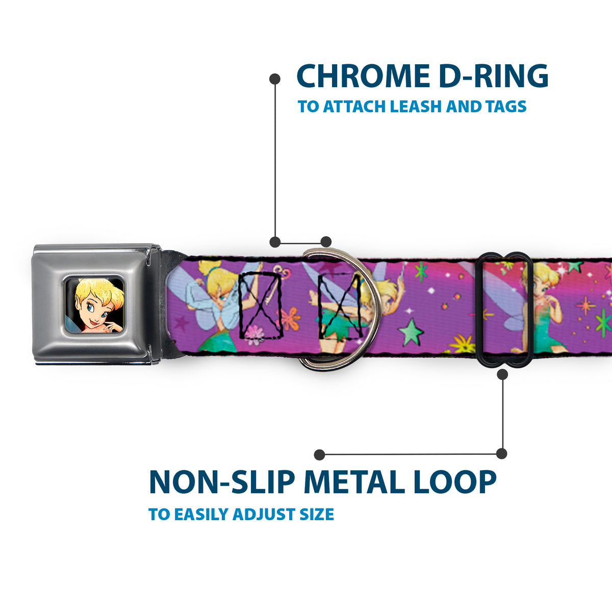 Tinker Bell CLOSE-UP Full Color Seatbelt Buckle Collar - Tinker Bell Poses/Flowers/Stars/Skull Purple Dog Collars Seatbelt Buckle Disney
