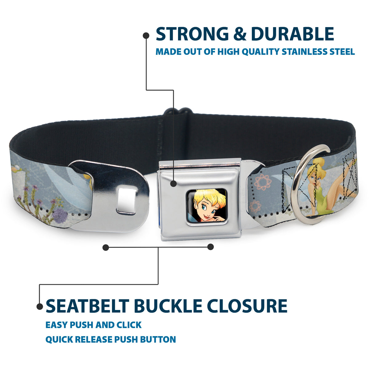 Tinker Bell CLOSE-UP Full Color Seatbelt Buckle Collar - Tinker Bell Garden Poses Dog Collars Seatbelt Buckle Disney