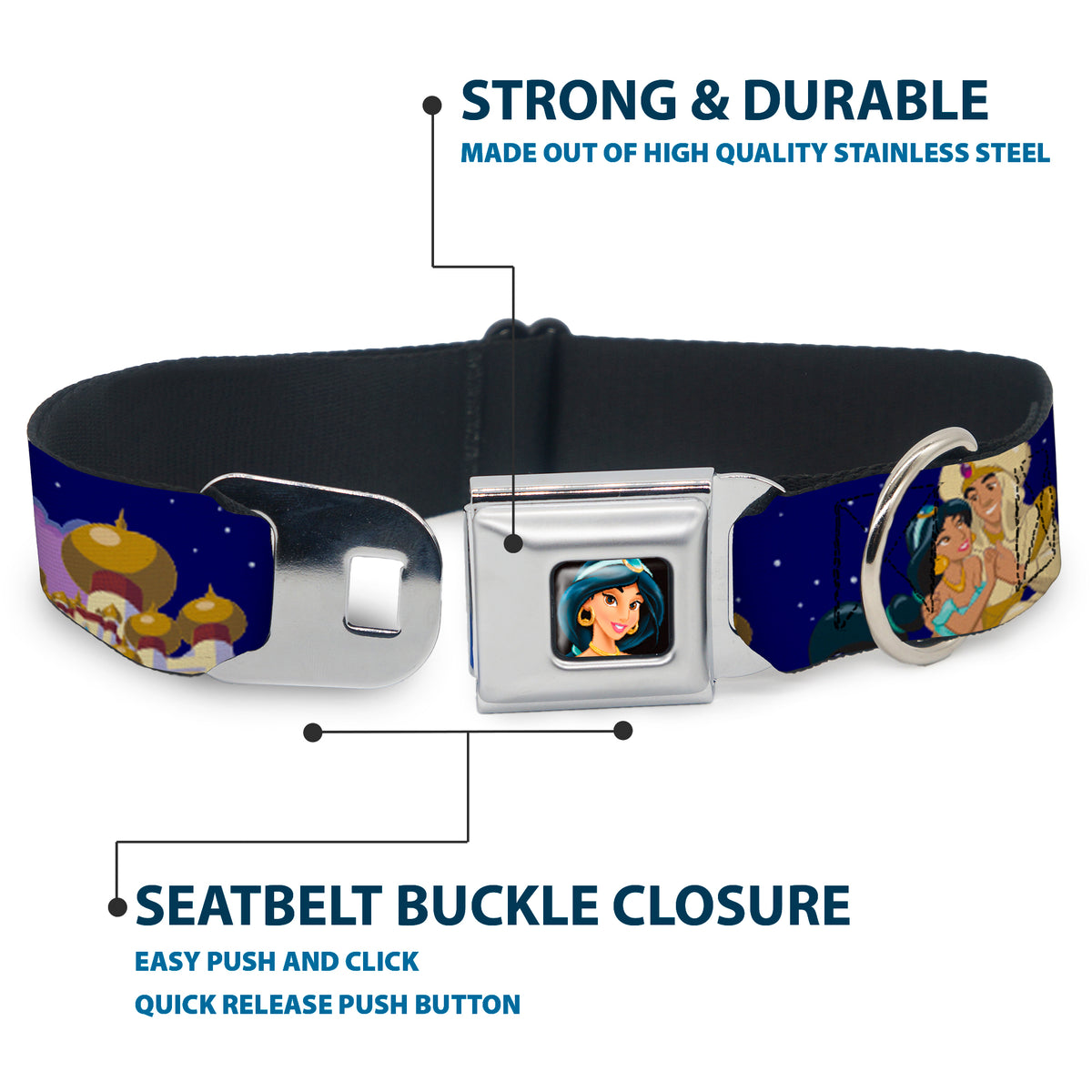 Jasmine CLOSE-UP Full Color Seatbelt Buckle Collar - Aladdin & Jasmine Magic Carpet Ride Scenes Dog Collars Seatbelt Buckle Disney