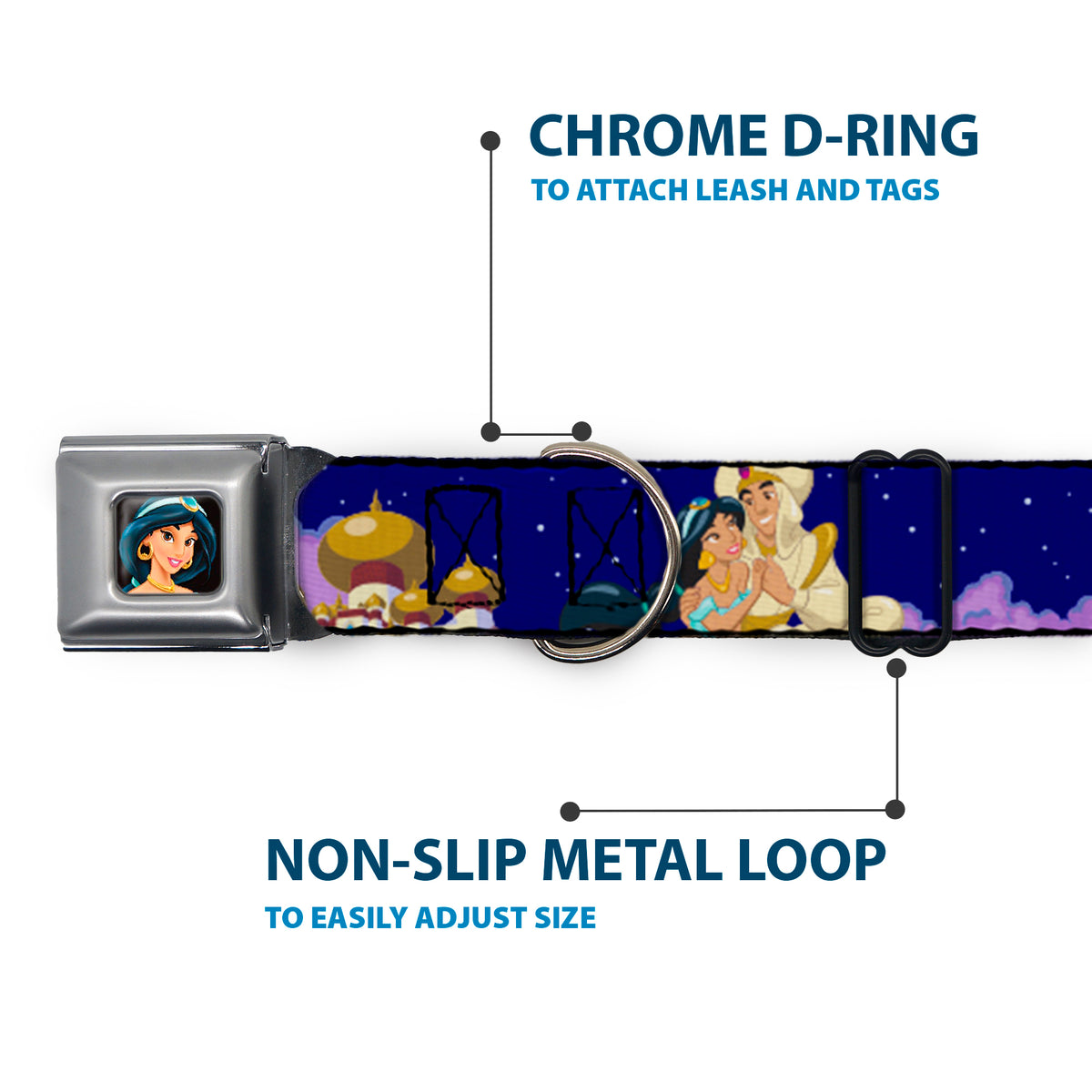 Jasmine CLOSE-UP Full Color Seatbelt Buckle Collar - Aladdin & Jasmine Magic Carpet Ride Scenes Dog Collars Seatbelt Buckle Disney