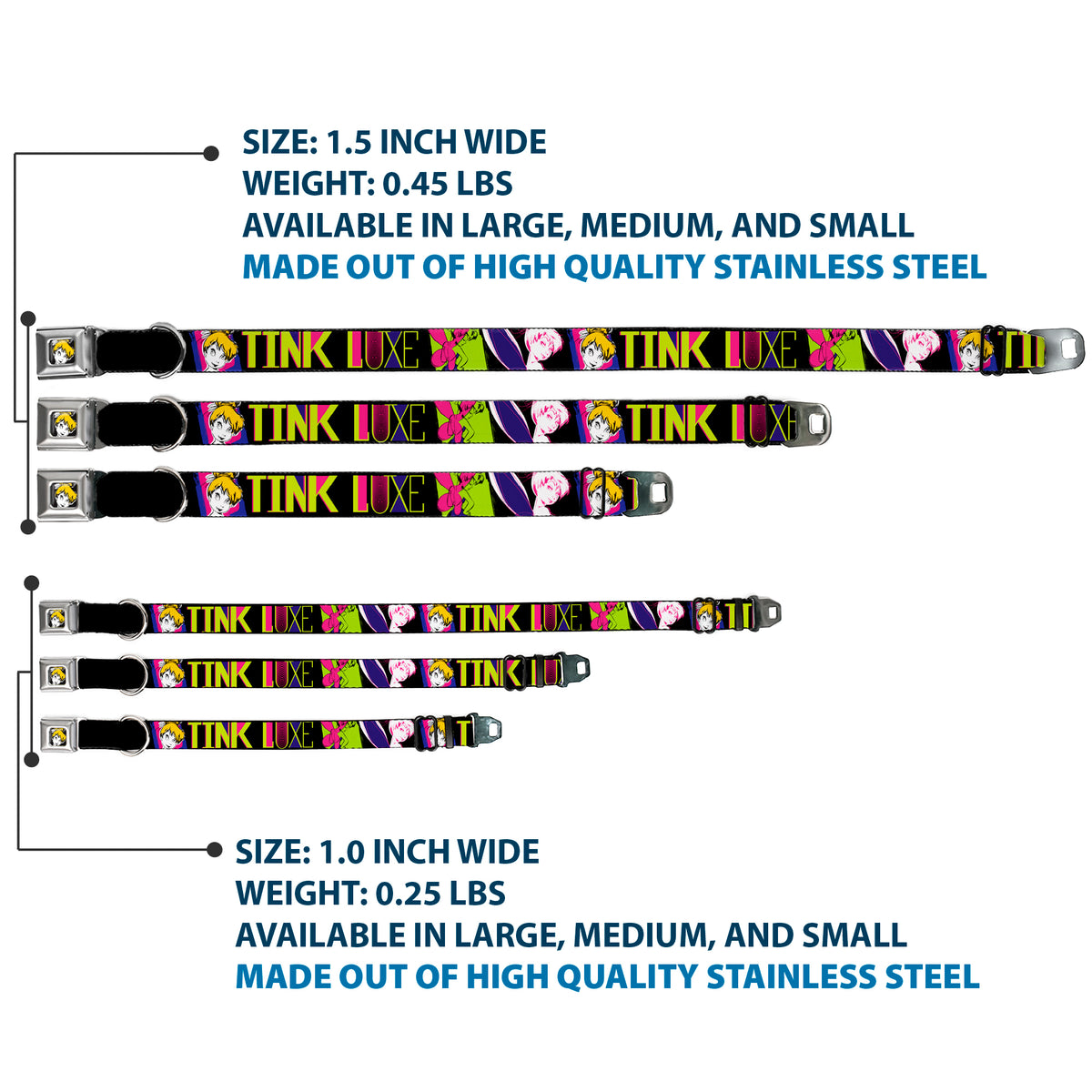 Tink Luxe Full Color Black White Seatbelt Buckle Collar - TINK LUXE Sketch Black/Multi Neon Dog Collars Seatbelt Buckle Disney