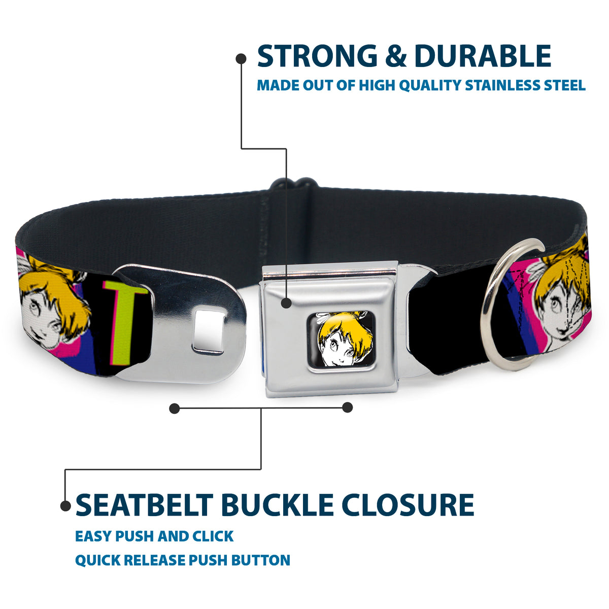 Tink Luxe Full Color Black White Seatbelt Buckle Collar - TINK LUXE Sketch Black/Multi Neon Dog Collars Seatbelt Buckle Disney