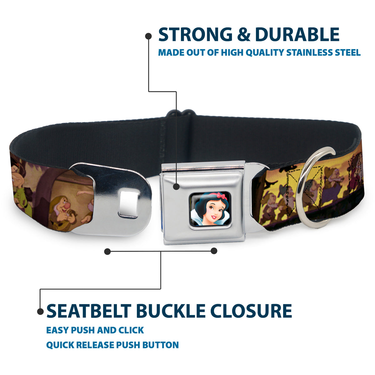 Snow White Full Color Black Seatbelt Buckle Collar - Snow White & the Seven Dwarfs Scenes Dog Collars Seatbelt Buckle Disney