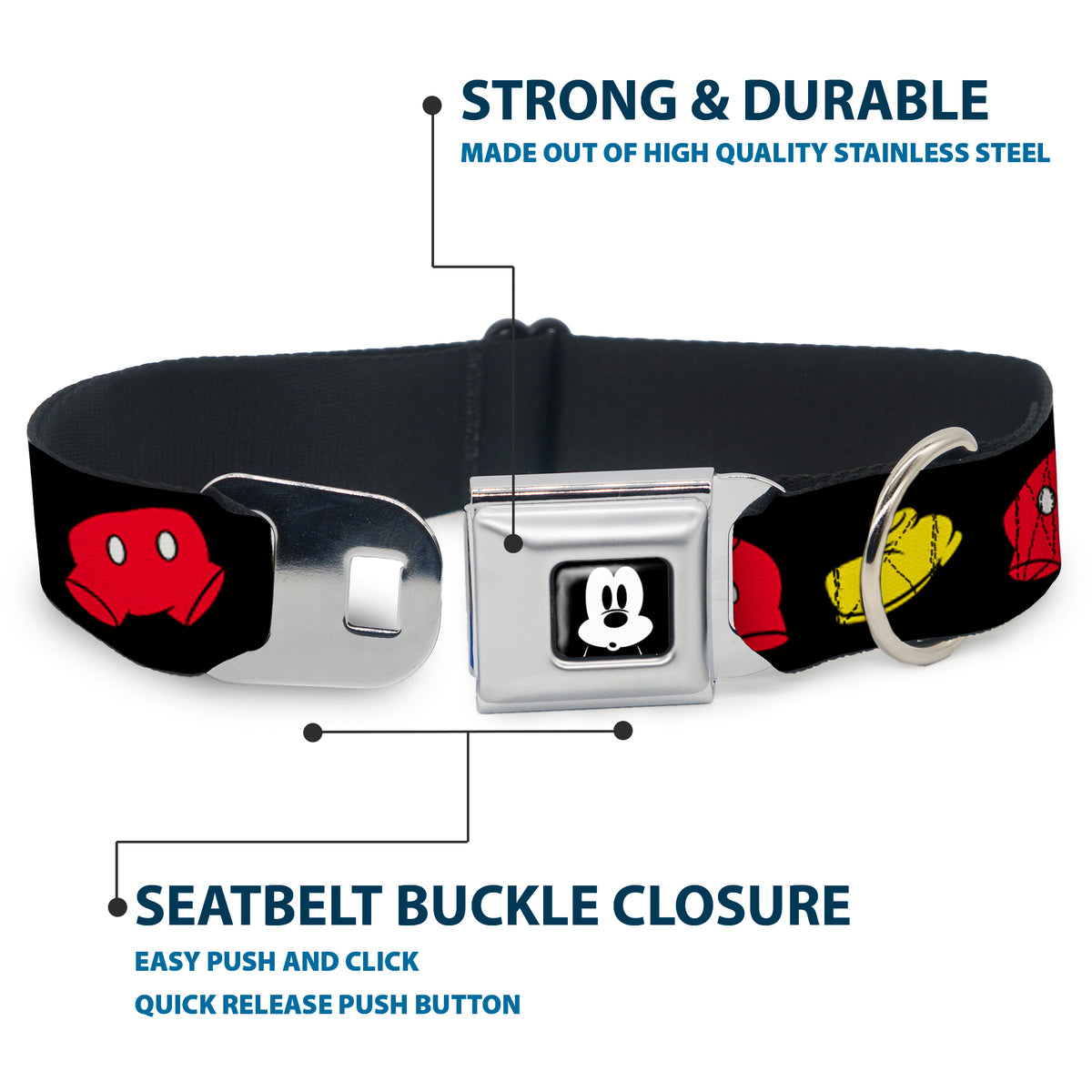 Mickey Mickey Mouse Expression4 Full Color Black/White Seatbelt Buckle Collar - Mickey Mouse Shorts and Shoes Black/Red/Yellow Dog Collars Seatbelt Buckle Disney