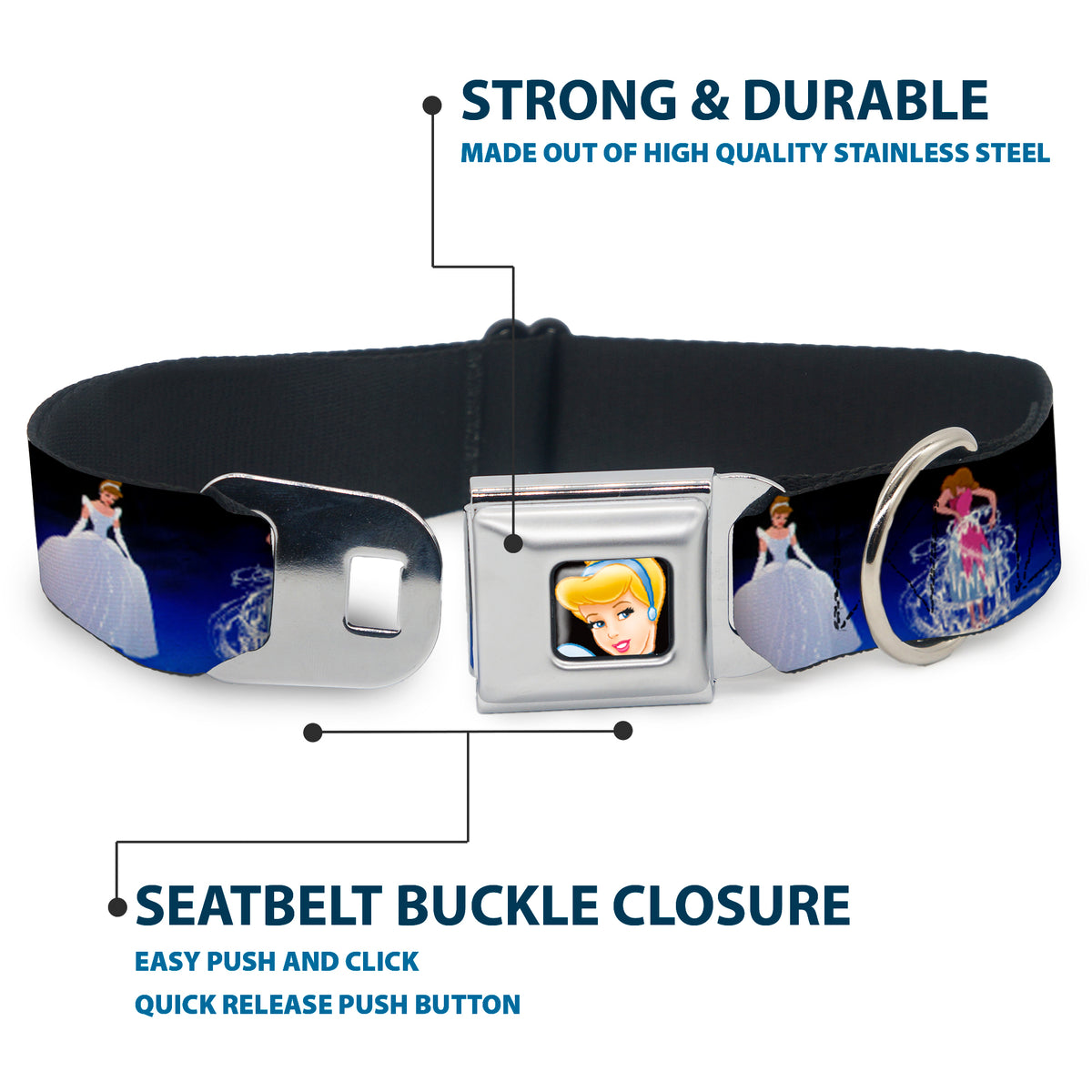 Cinderella CLOSE-UP Full Color Seatbelt Buckle Collar - Cinderella Transformation Blue Fade Dog Collars Seatbelt Buckle Disney
