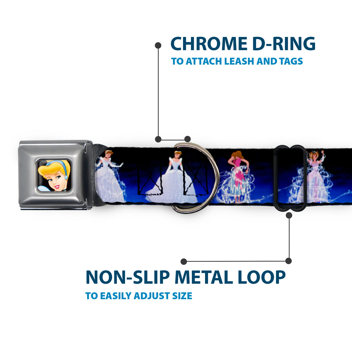 Cinderella CLOSE-UP Full Color Seatbelt Buckle Collar - Cinderella Transformation Blue Fade Dog Collars Seatbelt Buckle Disney