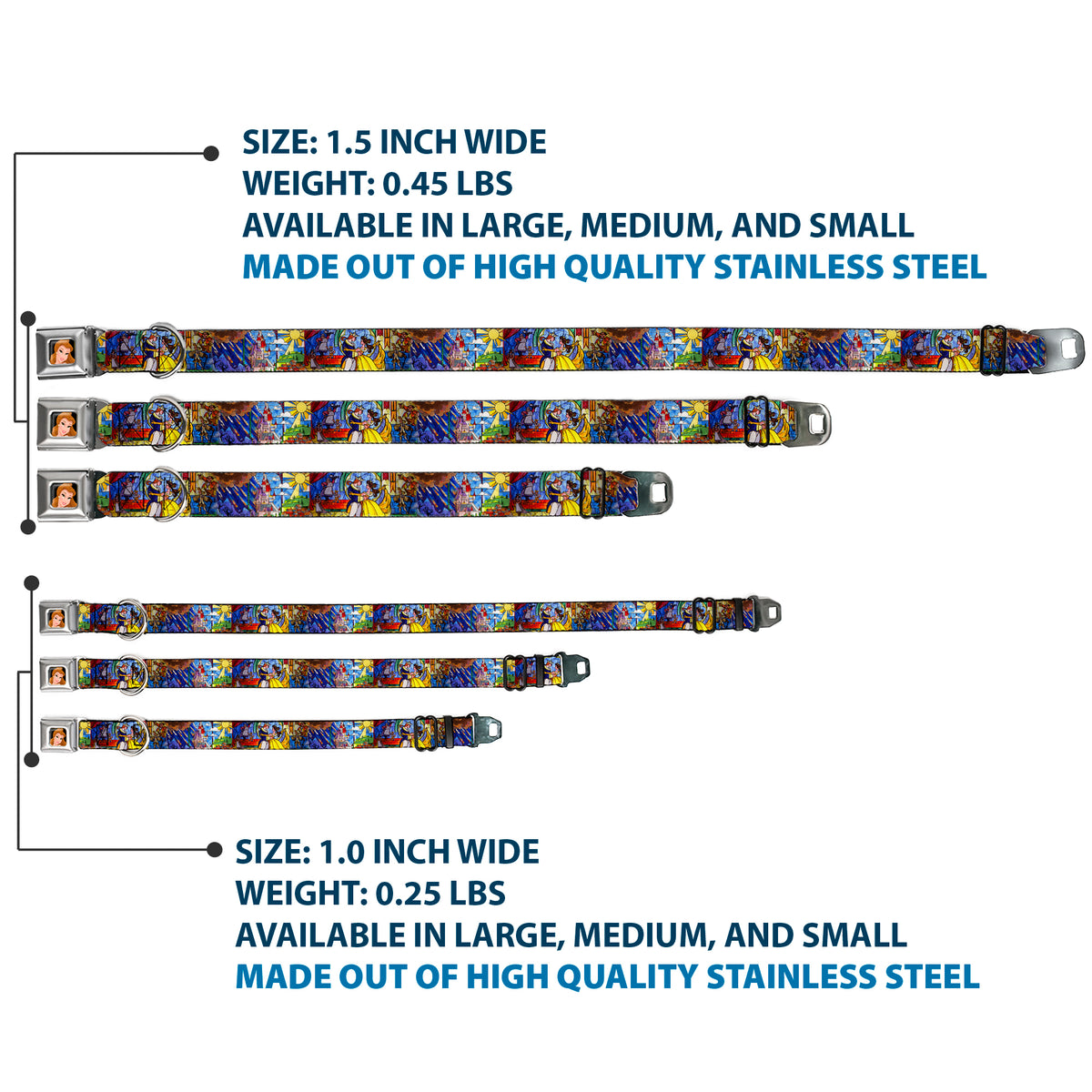 Belle CLOSE-UP Full Color Seatbelt Buckle Collar - Beauty & the Beast Stained Glass Scenes Dog Collars Seatbelt Buckle Disney