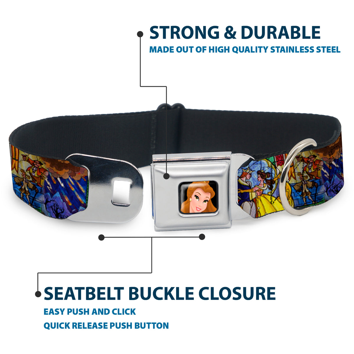 Belle CLOSE-UP Full Color Seatbelt Buckle Collar - Beauty & the Beast Stained Glass Scenes Dog Collars Seatbelt Buckle Disney