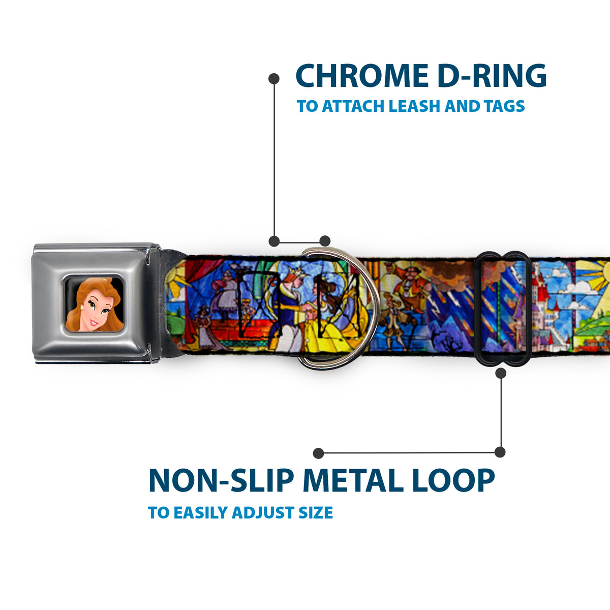 Belle CLOSE-UP Full Color Seatbelt Buckle Collar - Beauty & the Beast Stained Glass Scenes Dog Collars Seatbelt Buckle Disney
