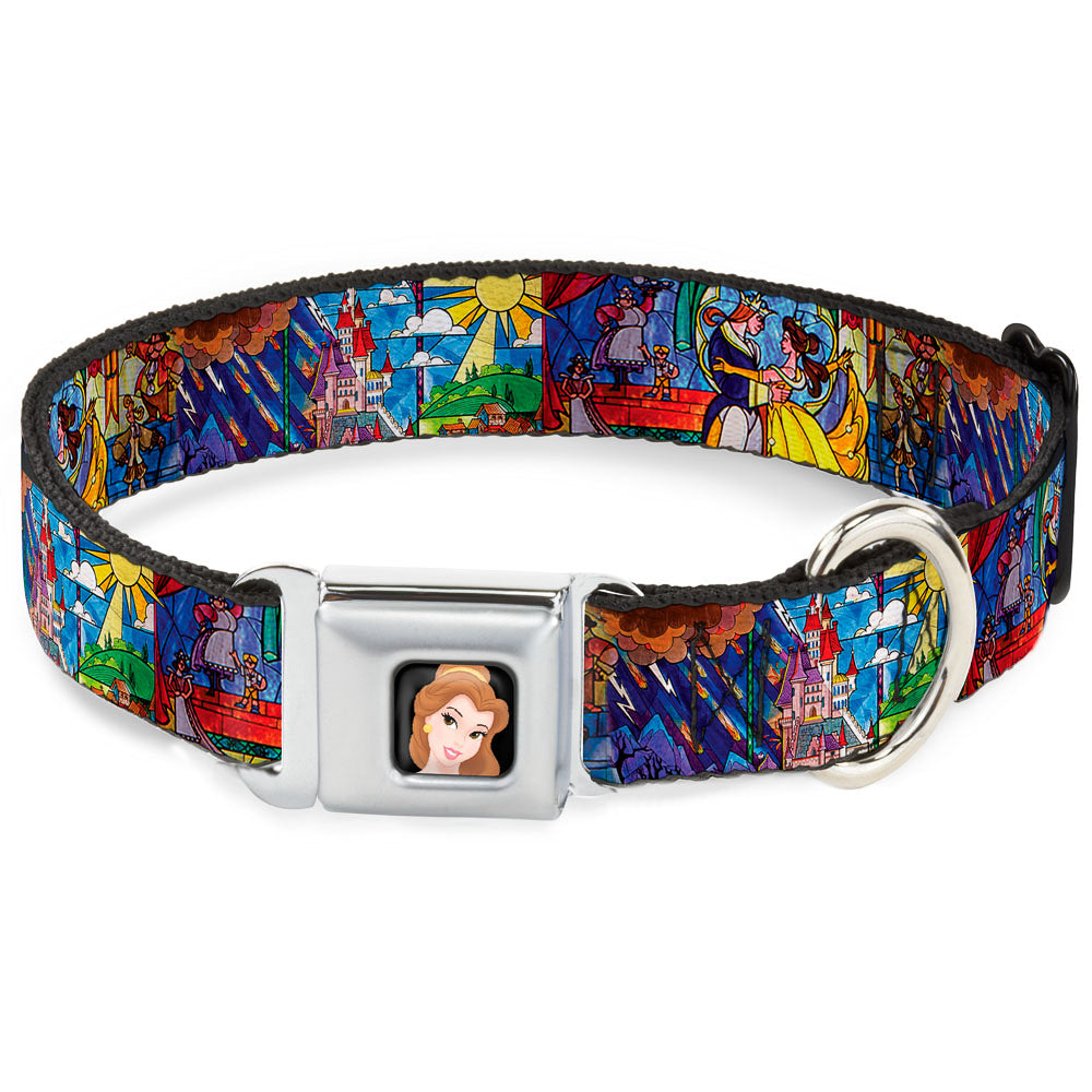 Belle CLOSE-UP Full Color Seatbelt Buckle Collar - Beauty & the Beast Stained Glass Scenes Dog Collars Seatbelt Buckle Disney