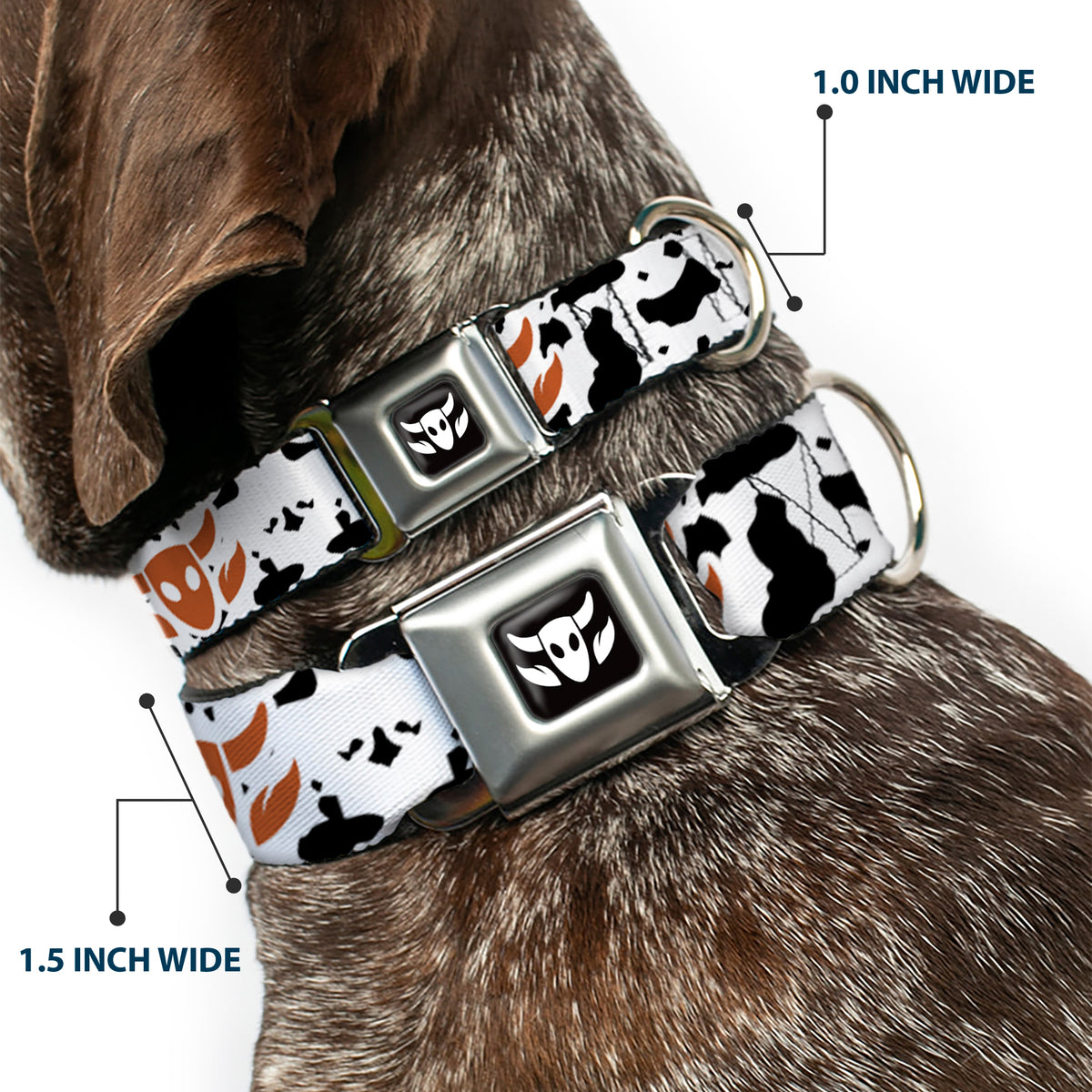 Toy Story Woody Cowboy Bull Icon Full Color Black/White Seatbelt Buckle Collar - Toy Story Woody Bounding Cowboy Cow Print White/Black/Brown Dog Collars Seatbelt Buckle Disney